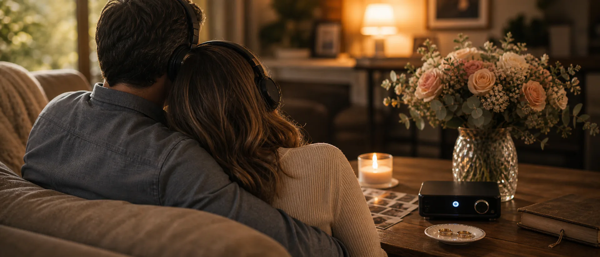 A couple listening to a song together at a table set with flowers, two rings and a small speaker, faces not identifiable