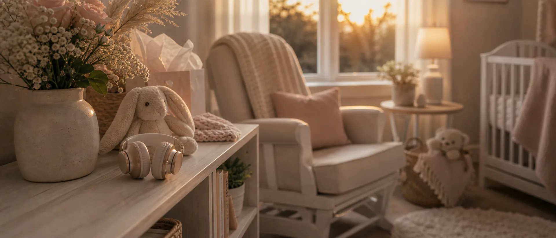 Quiet nursery with a rocking chair, a folded blanket, small headphones on a shelf and late evening light