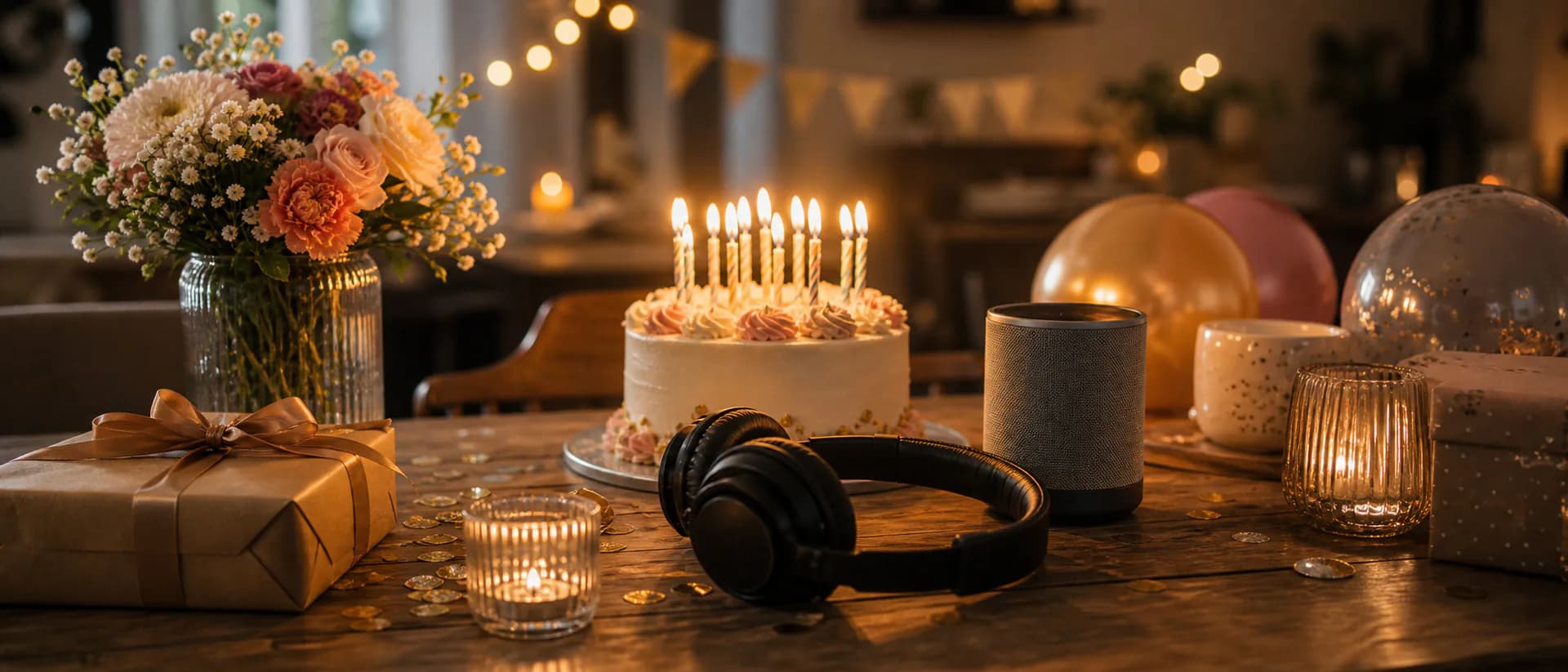 Custom Birthday Song Cover Image Custom birthday song cover image showing a party table with lit candles, a small portable speaker, gift ribbon, and warm evening light, no text.