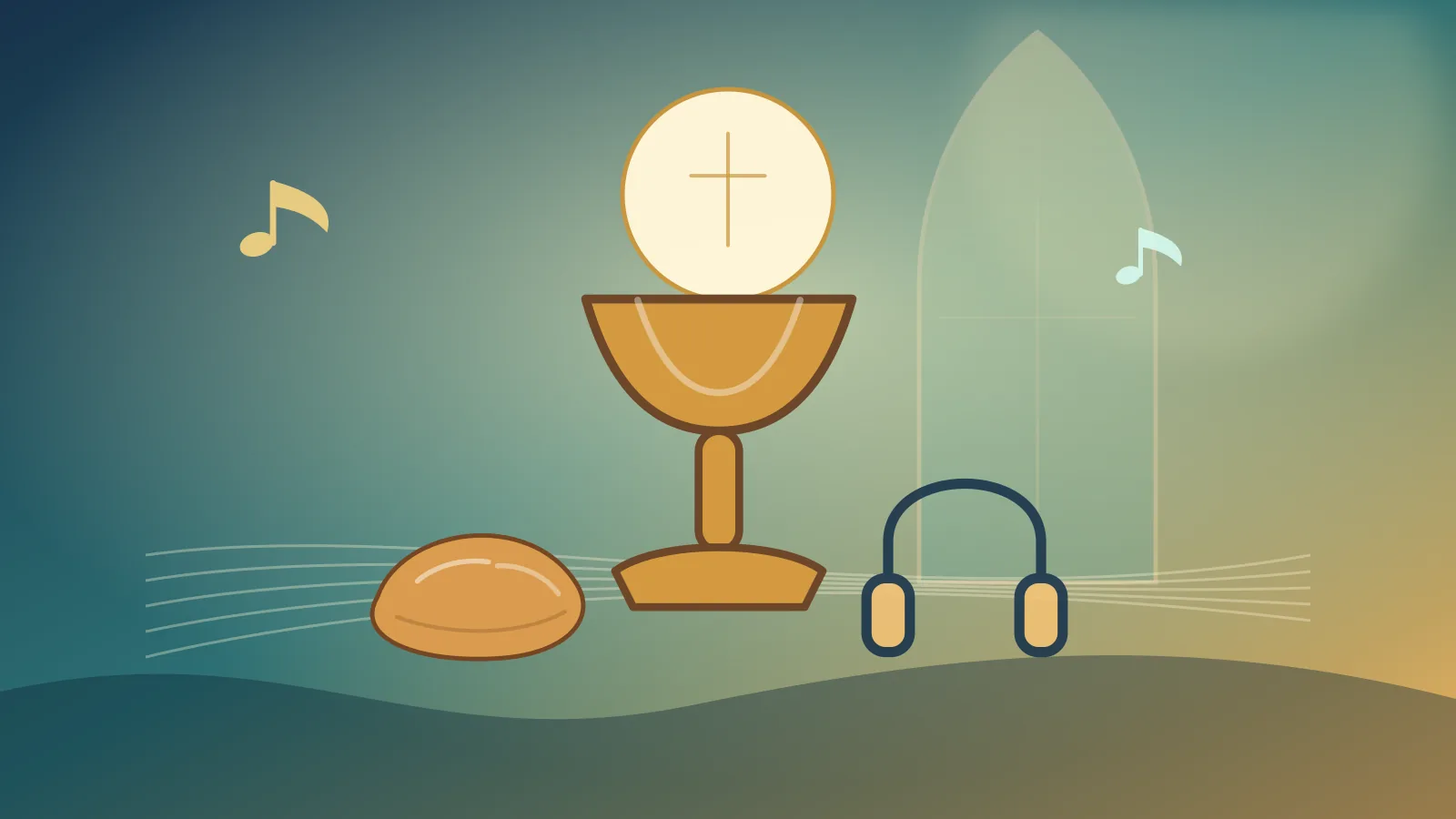 Custom Corpus Christi Song Cover Image Custom Corpus Christi song cover image with a chalice, bread, headphones, sheet music, and warm church light