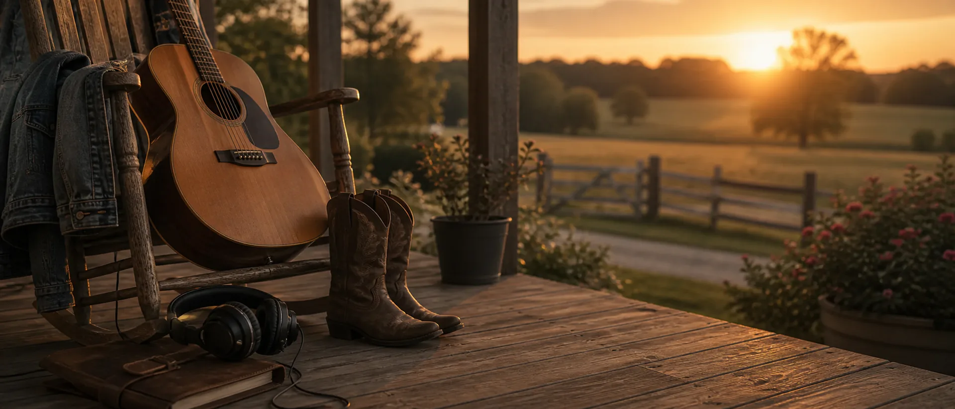 Custom country song cover image showing an acoustic guitar on a porch beside boots, a denim jacket, and warm evening light.