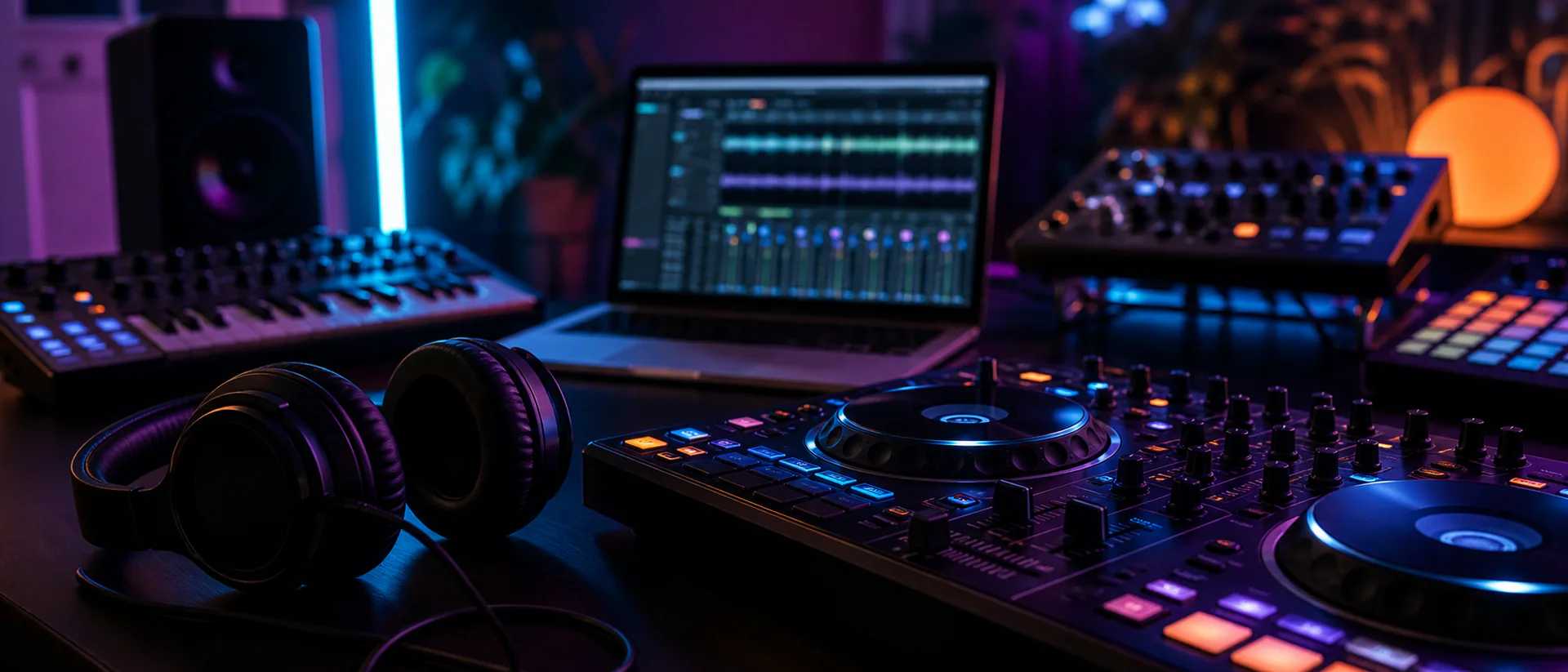 Cover image showing a DJ controller, a synthesizer and a laptop waveform under soft club lighting at a party.
