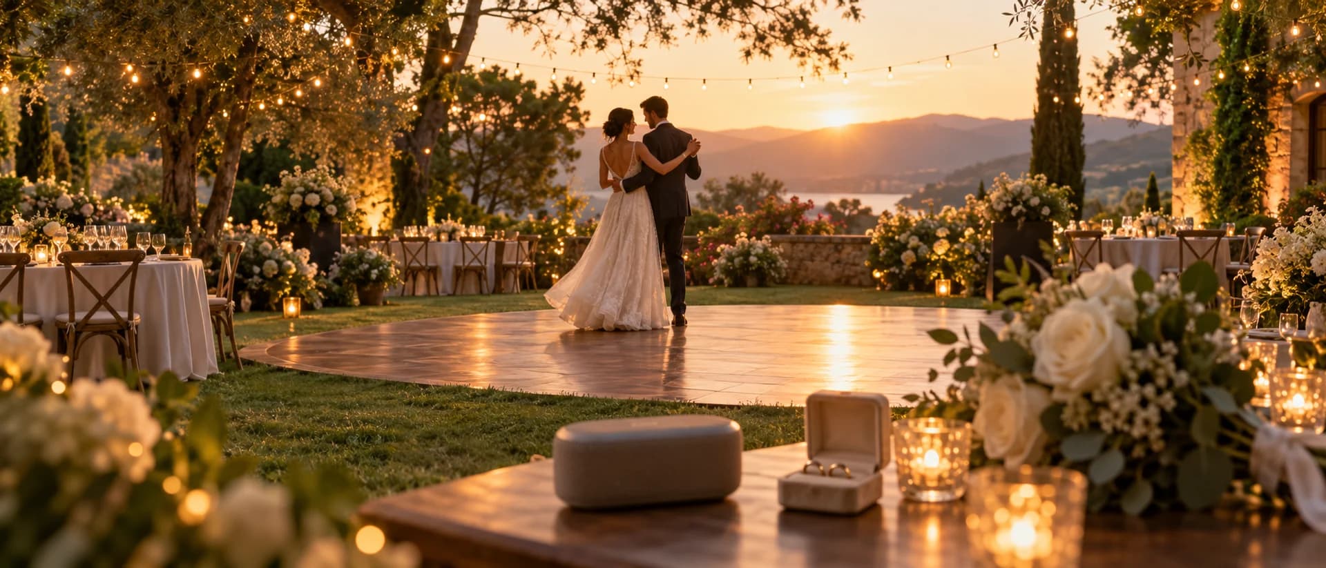 Custom First Dance Song A couple dancing alone on the reception floor while a personalized track plays, with rings, flowers and a small speaker in golden-hour light