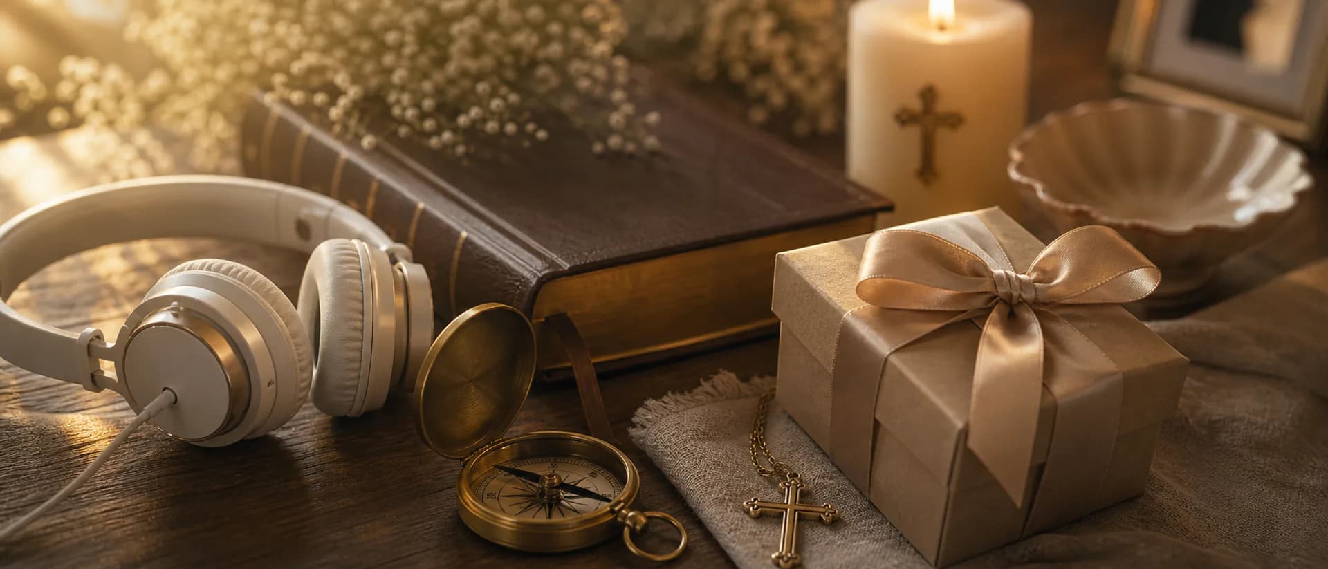 Godparent Gift Song Cover Image Godparent gift song cover image showing a brass compass, a small wrapped gift box, headphones, and a family photo frame on a warm wooden table, no readable text.