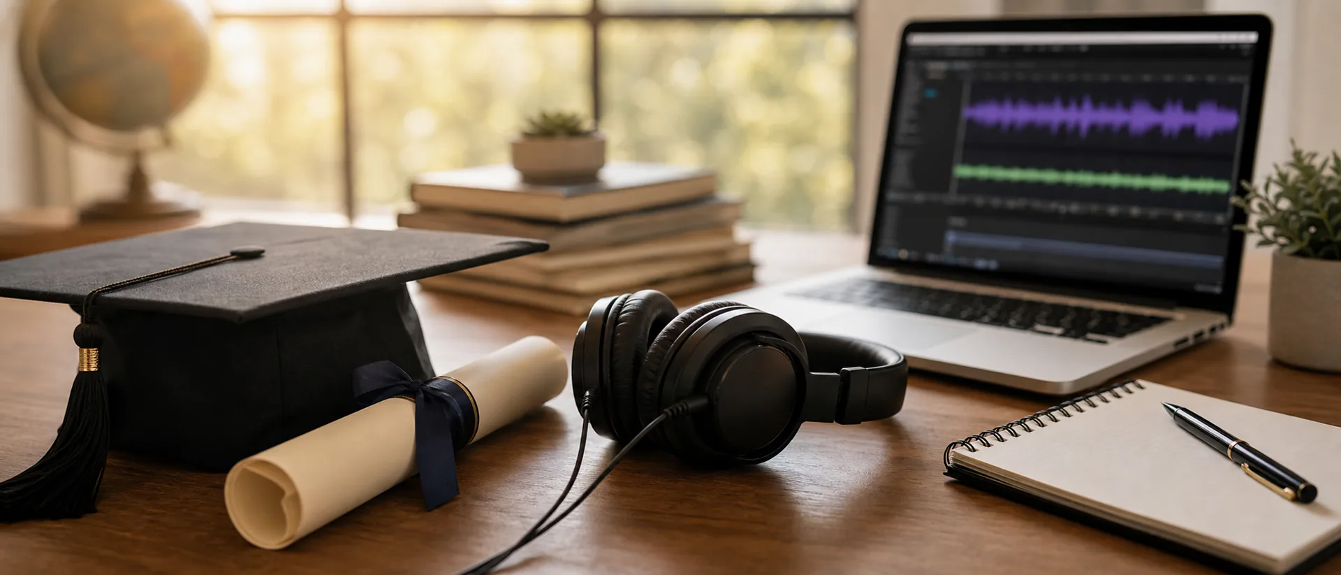 A graduation cap, a diploma tube, headphones and a laptop showing an audio waveform on a bright desk, no readable text.