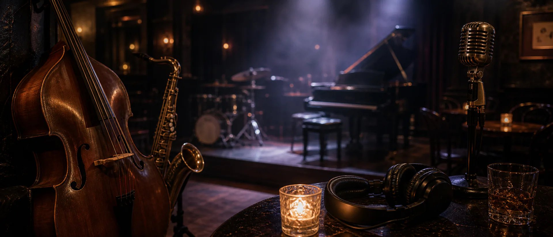 A dim club corner with an upright bass, a saxophone on a stand and a candle burning on a small table.