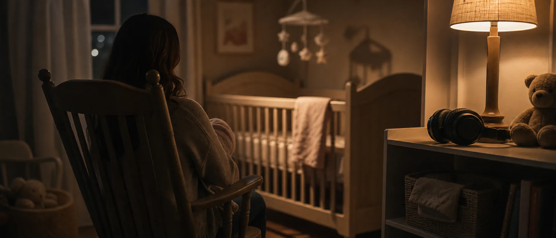 Custom Lullaby Cover Image Custom lullaby cover image showing a parent silhouette in a rocking chair beside a crib at night, with a soft nursery lamp and headphones resting on a shelf, face not visible.