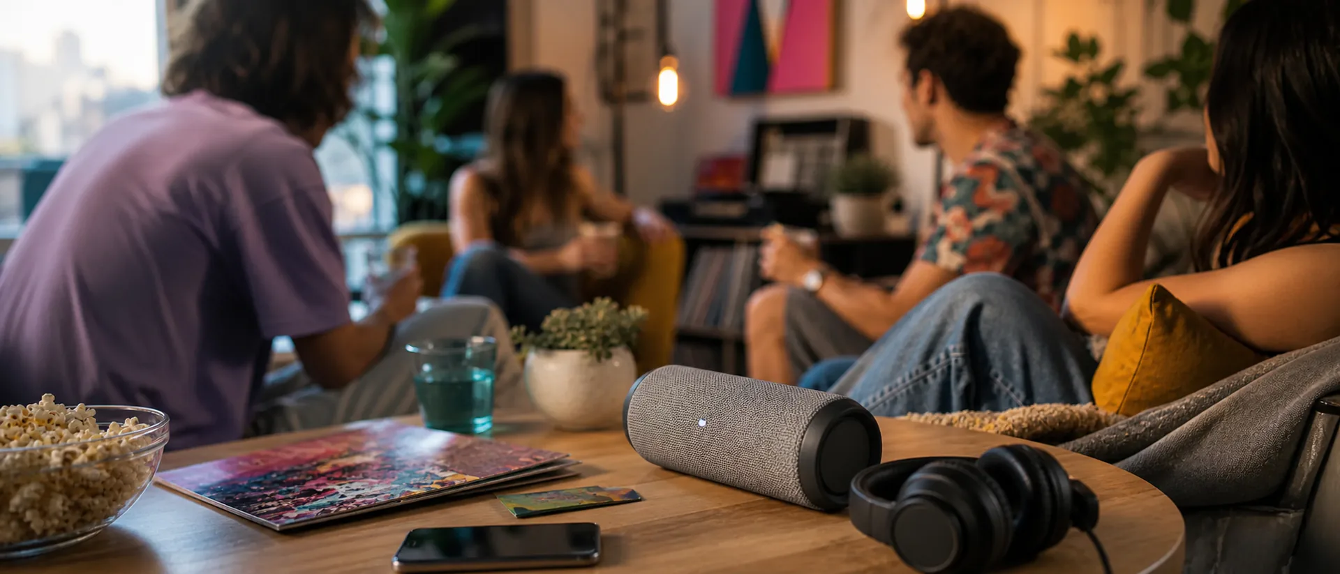 Cover image showing friends in a bright living room listening to a personalized pop track on a portable speaker.
