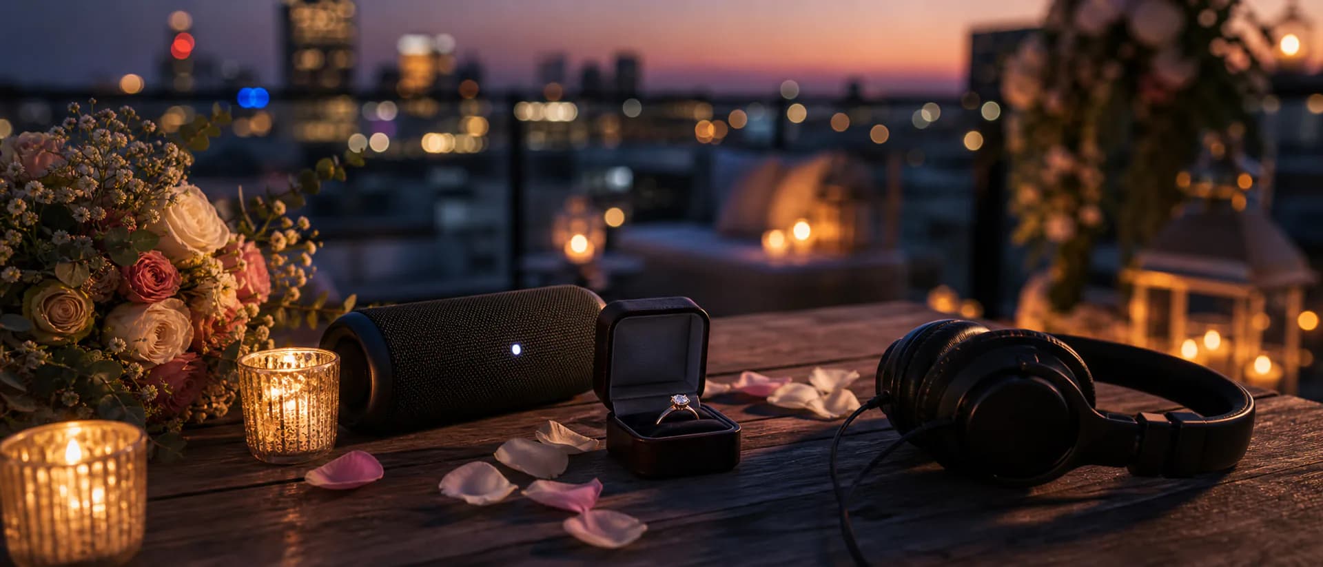 Cover image for the custom proposal song guide: a rooftop setup at blue hour with a ring box, a portable speaker, headphones, flowers, and blurred city lights.