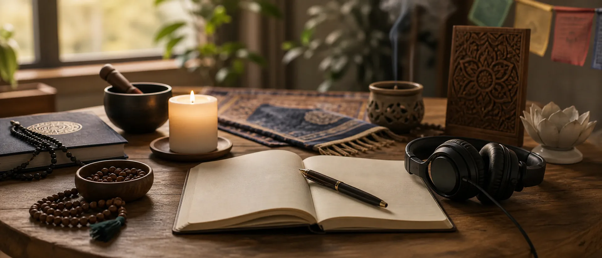 Custom meditation song cover image showing a quiet side table with a candle, a notebook and headphones in soft daylight.