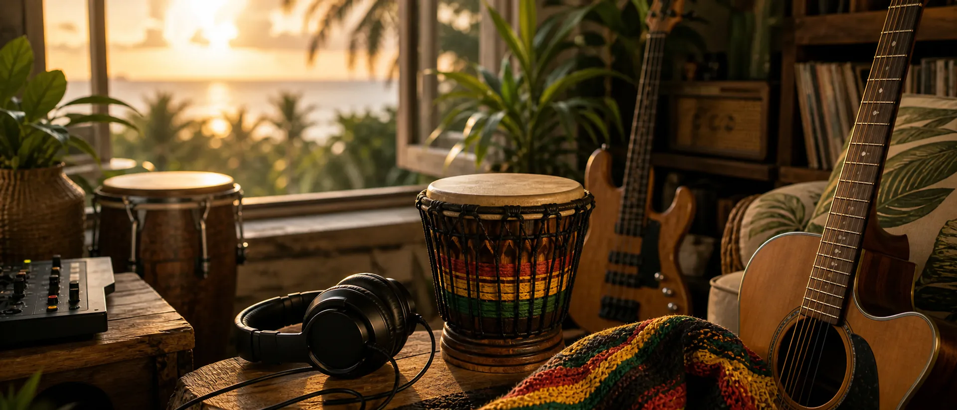 Cover image showing a relaxed home listening corner with hand percussion, an acoustic guitar and tropical plants by an open window at sunset.