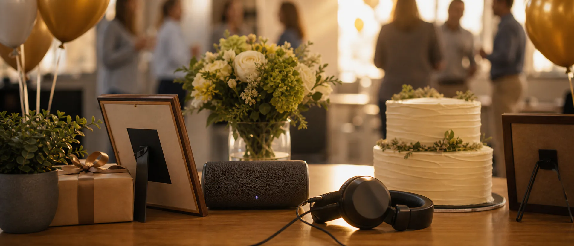Custom Retirement Song Cover Image Office farewell table with a wrapped gift, headphones, a small speaker and a sheet cake, lit by warm late-afternoon light