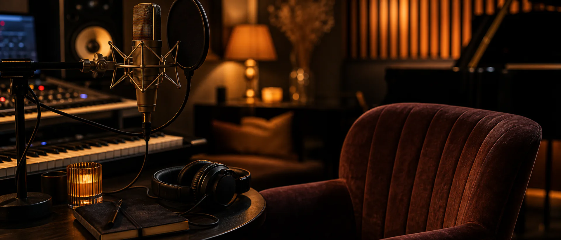 Custom R&B song cover image showing a vocal booth with a condenser microphone, a velvet chair, headphones and warm amber studio lighting.
