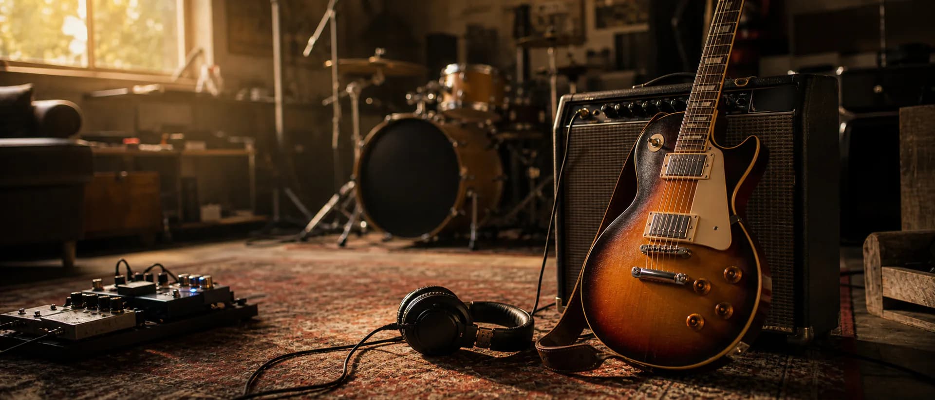 Custom rock song cover image showing an electric guitar leaning against a small amp in a garage studio with warm window light.
