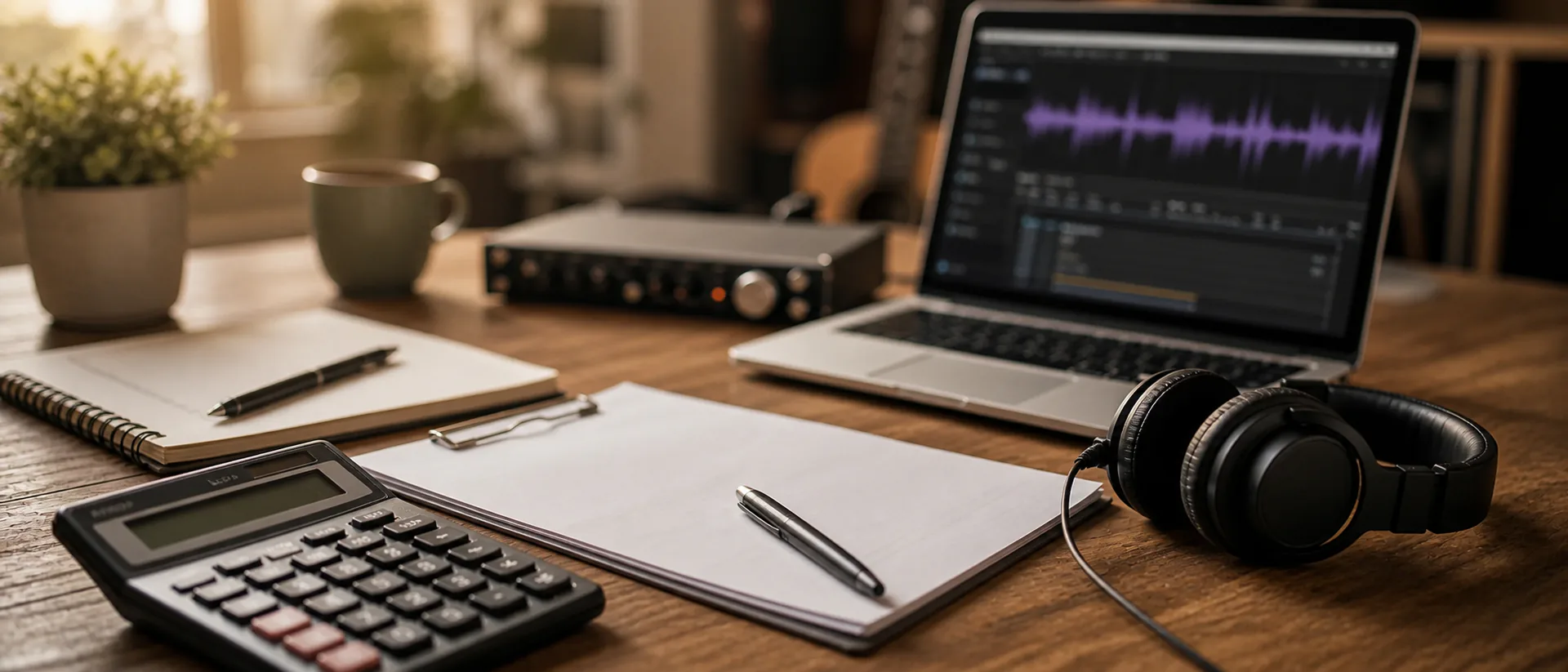Custom Song Pricing Breakdown Cover Image Pricing guide cover image showing a calculator, a notebook, headphones and studio invoice papers on a bright desk, with no readable numbers.