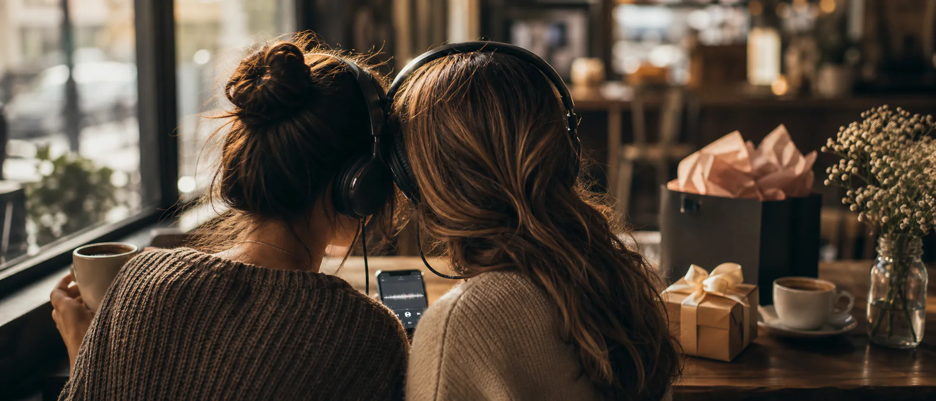 Cover image showing two friends laughing while listening to a personalized track in a cozy cafe corner, faces not identifiable.