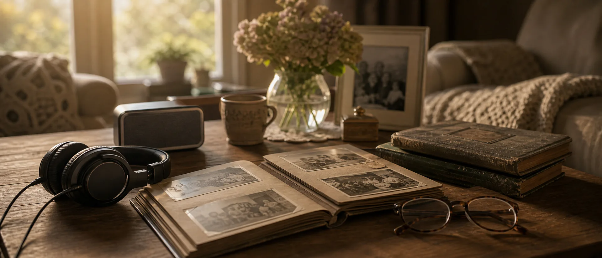 A family living room table with old photo albums, a portable speaker, headphones and reading glasses in afternoon light, no people visible