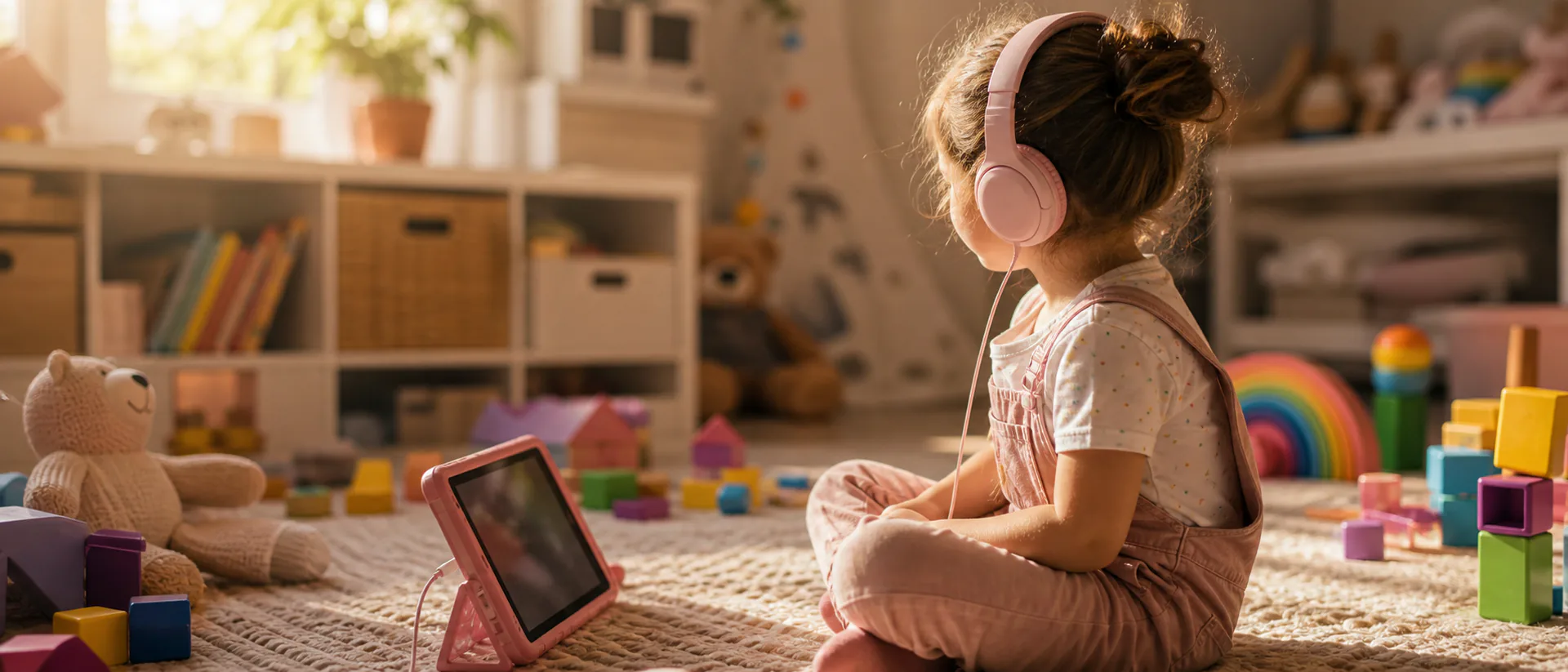 Child in a bright living room listening on headphones to a personalized song written around their own name