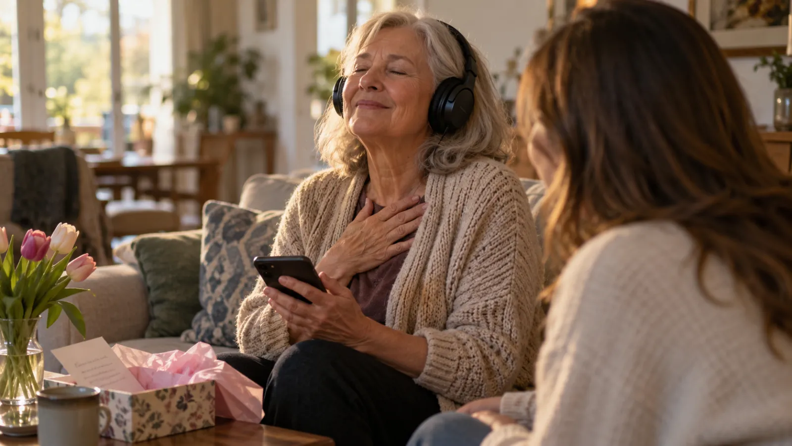 Mamma sul divano con le cuffie e il telefono, occhi chiusi e mano sul cuore, commossa da una canzone personalizzata mentre la figlia la guarda