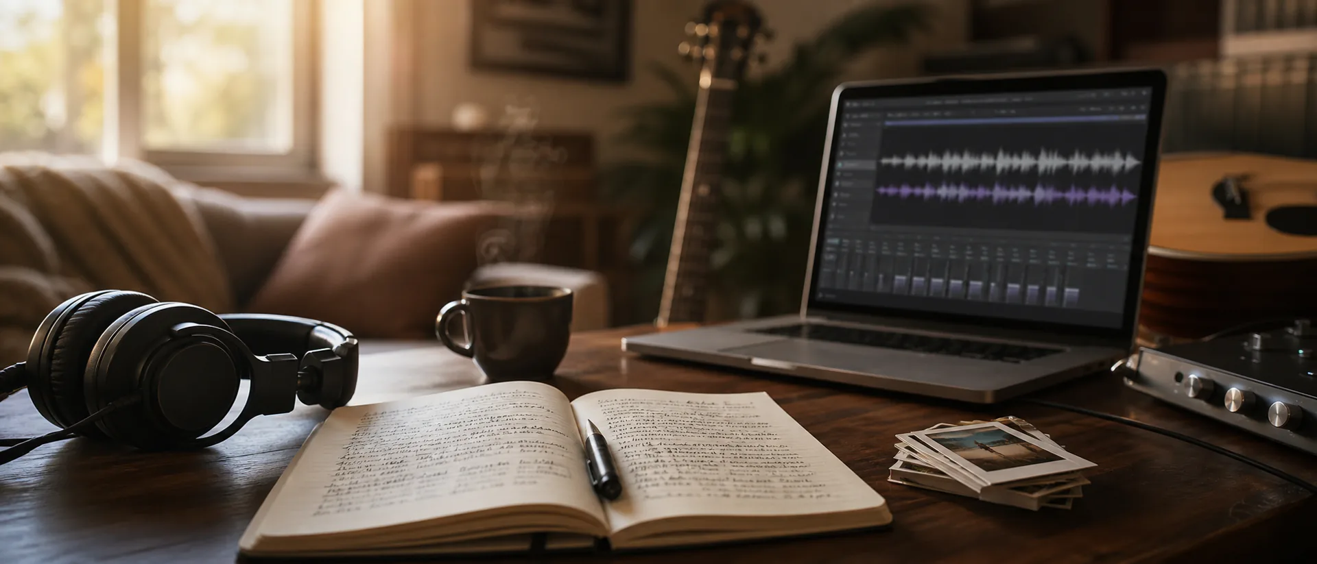 Canción Personalizada o Versión: Cómo Elegir el Formato Auriculares, un cuaderno abierto y una mesa de mezclas sobre un escritorio de madera