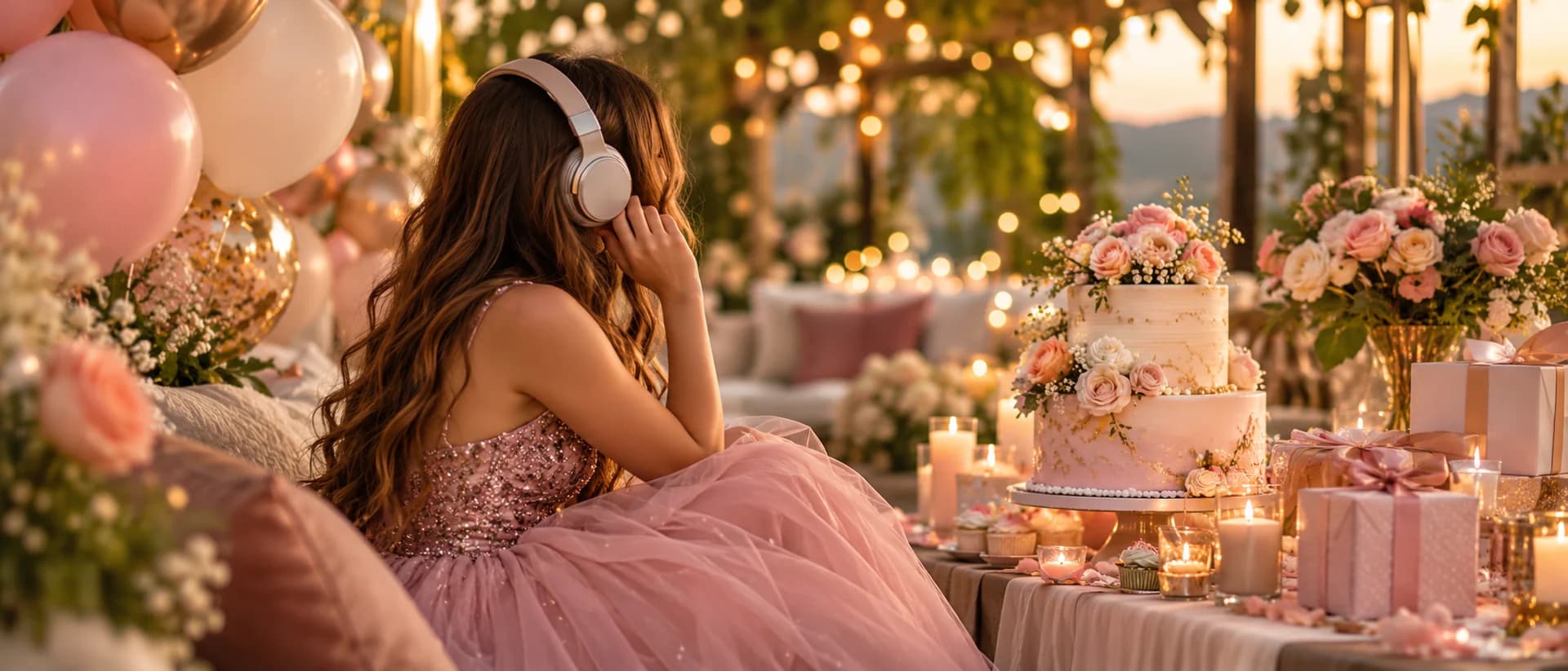 Canzone per mia figlia o mio figlio Ragazza in abito da festa rosa che ascolta una canzone in cuffia, accanto a una torta a piani, fiori e regali