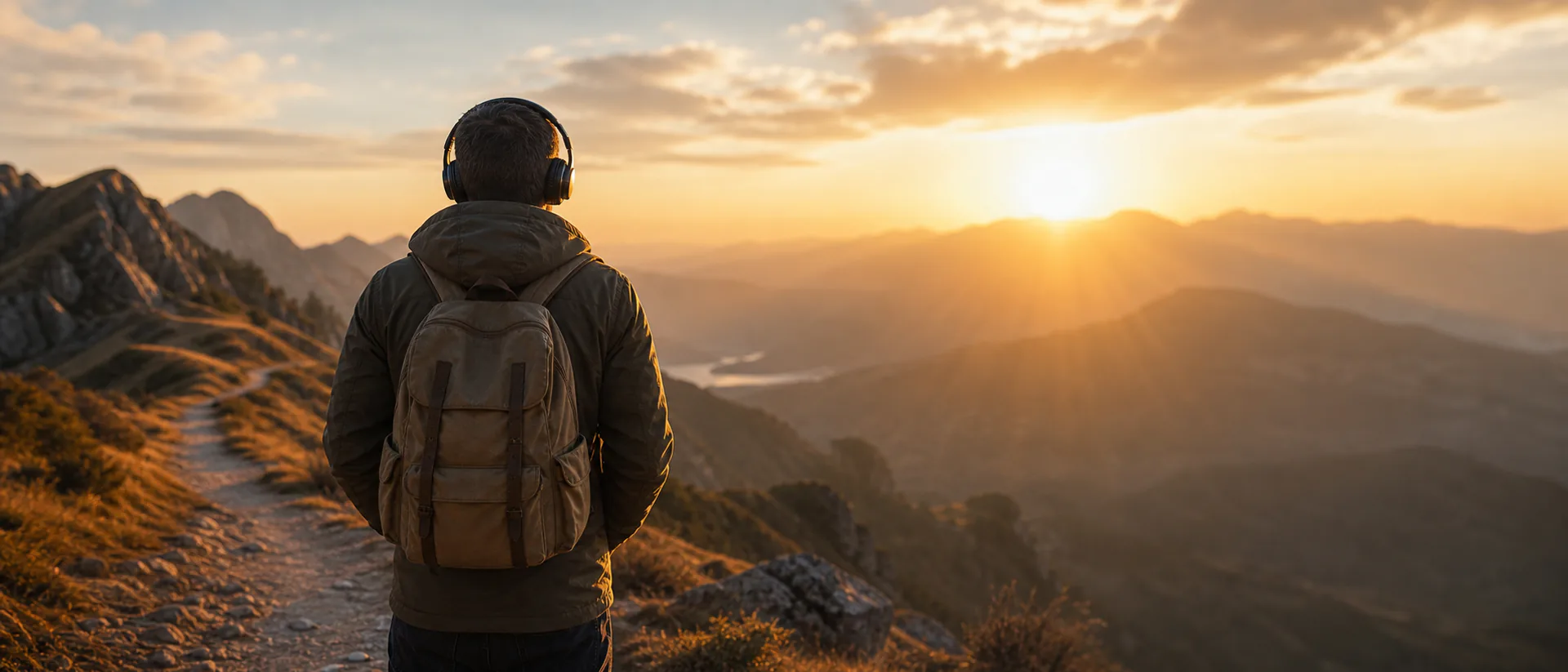 Custom Celebration Song cover image showing a person seen from behind at sunrise on a mountain path with headphones, marking a hard-won milestone.