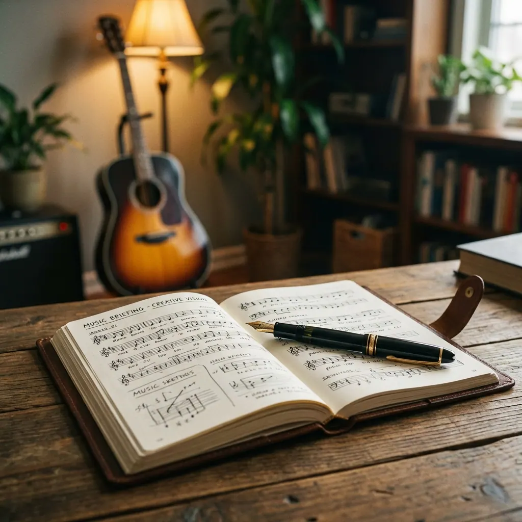 Mãos escrevendo um briefing à mão em um caderno, com uma xícara de café ao lado