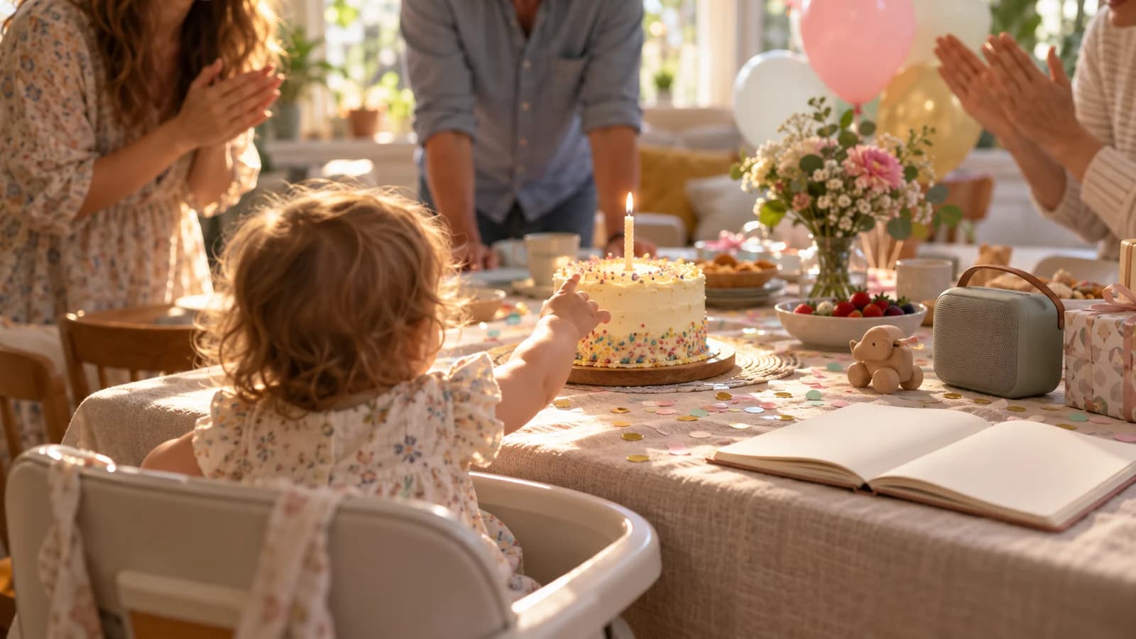 Mesa de festa de primeiro aniversário com bolo, velinha e família reunida em volta da criança