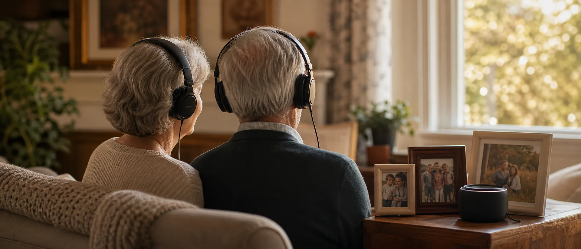 Older couple listening to a family song in a sunlit living room with photo albums and framed pictures nearby