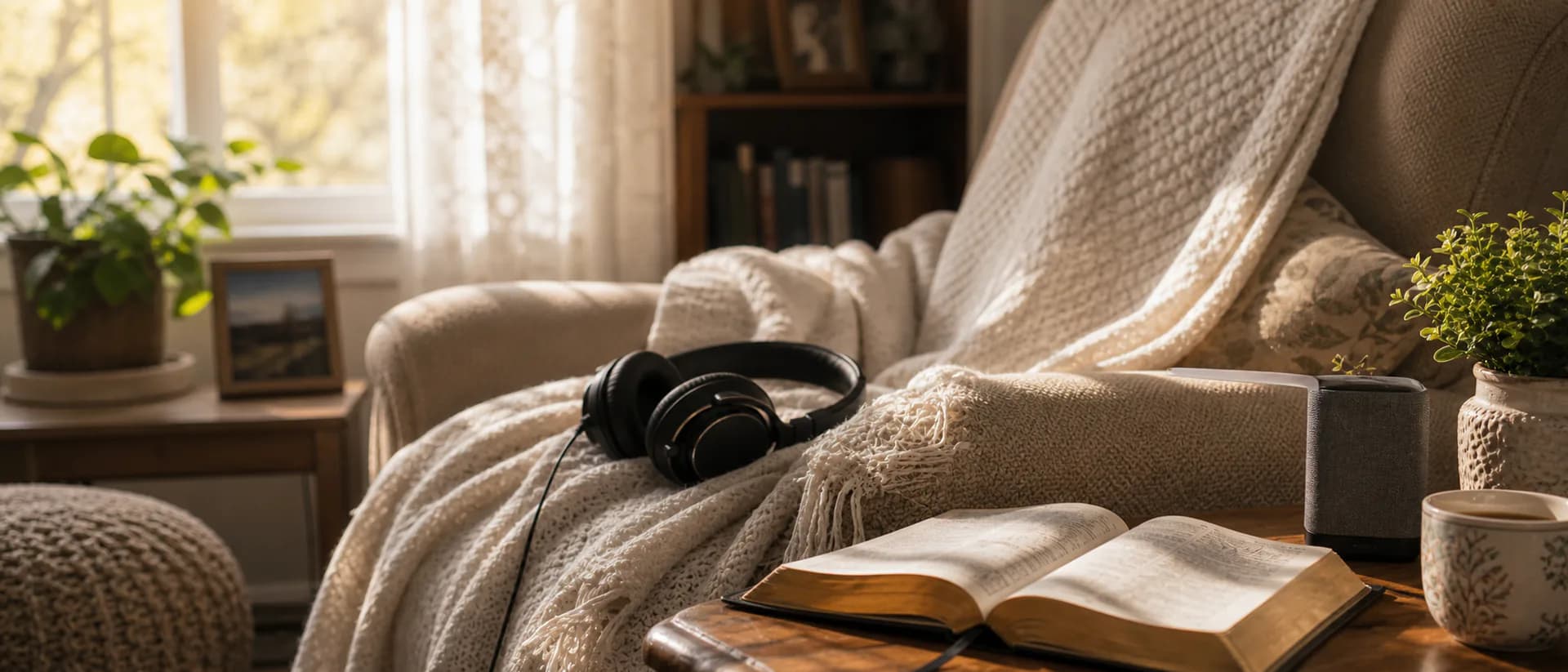 A cozy armchair beside a bright window with a small speaker, headphones, a folded blanket, and a photo album on the side table