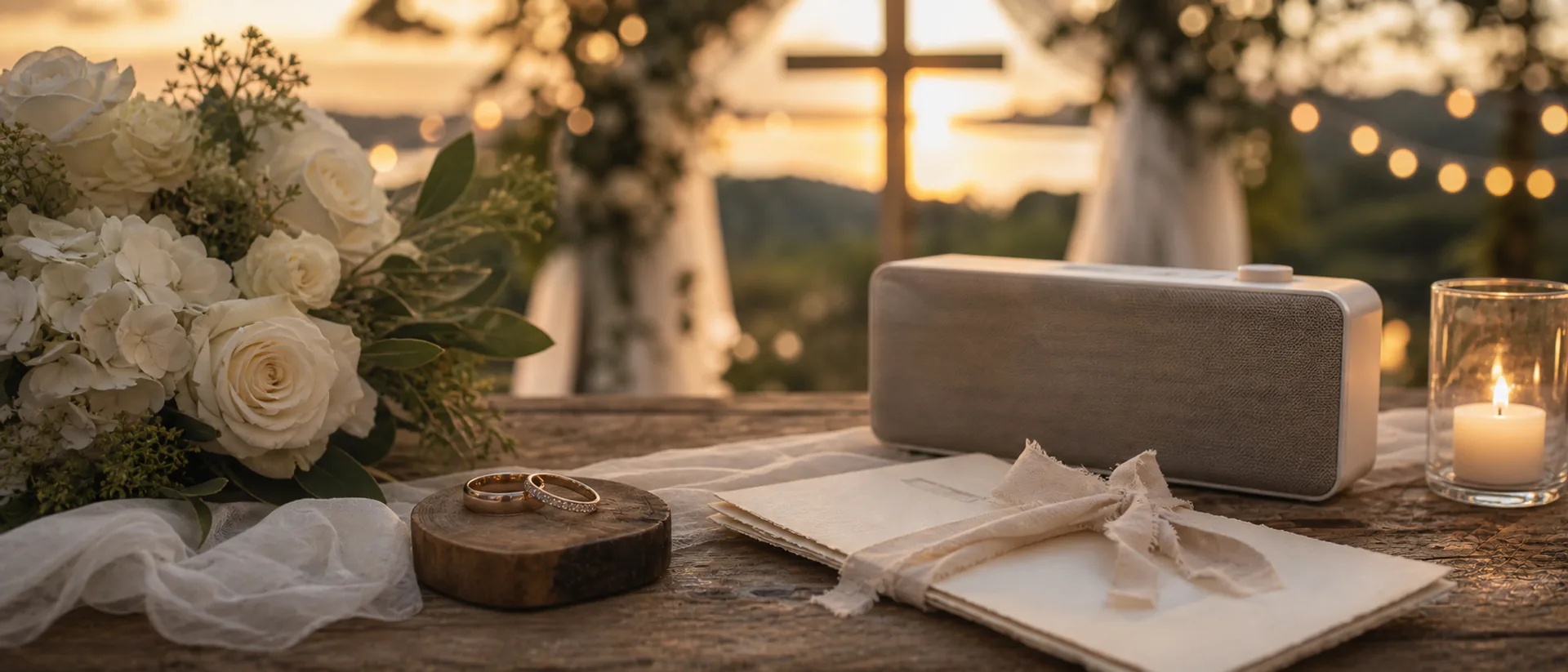 A couple dancing alone on the reception floor while a personalized track plays, with rings, flowers and a small speaker in golden-hour light