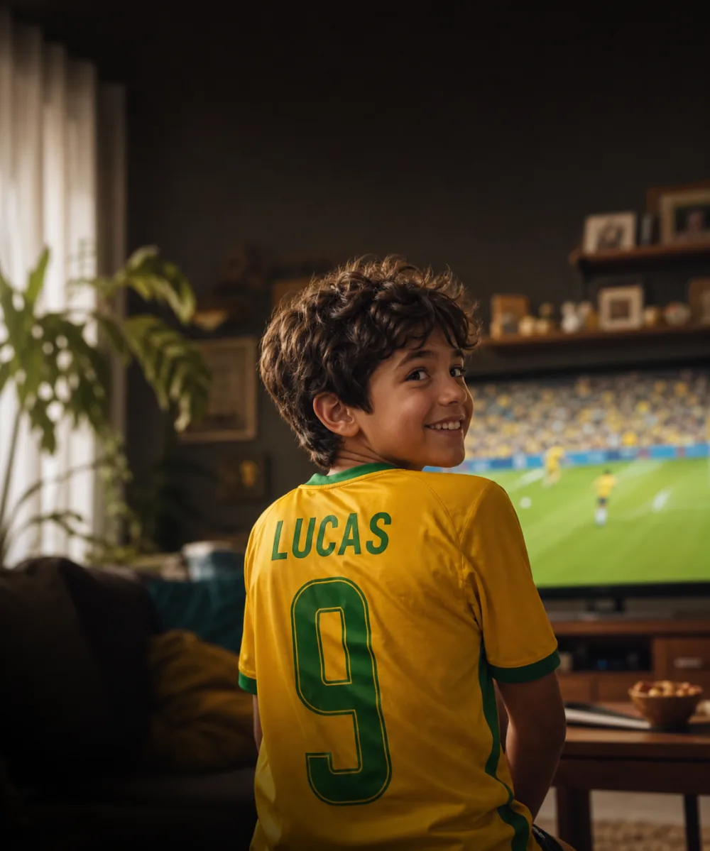 Lucas, 9 años, con camiseta amarilla de Brasil con el nombre Lucas y el número 9