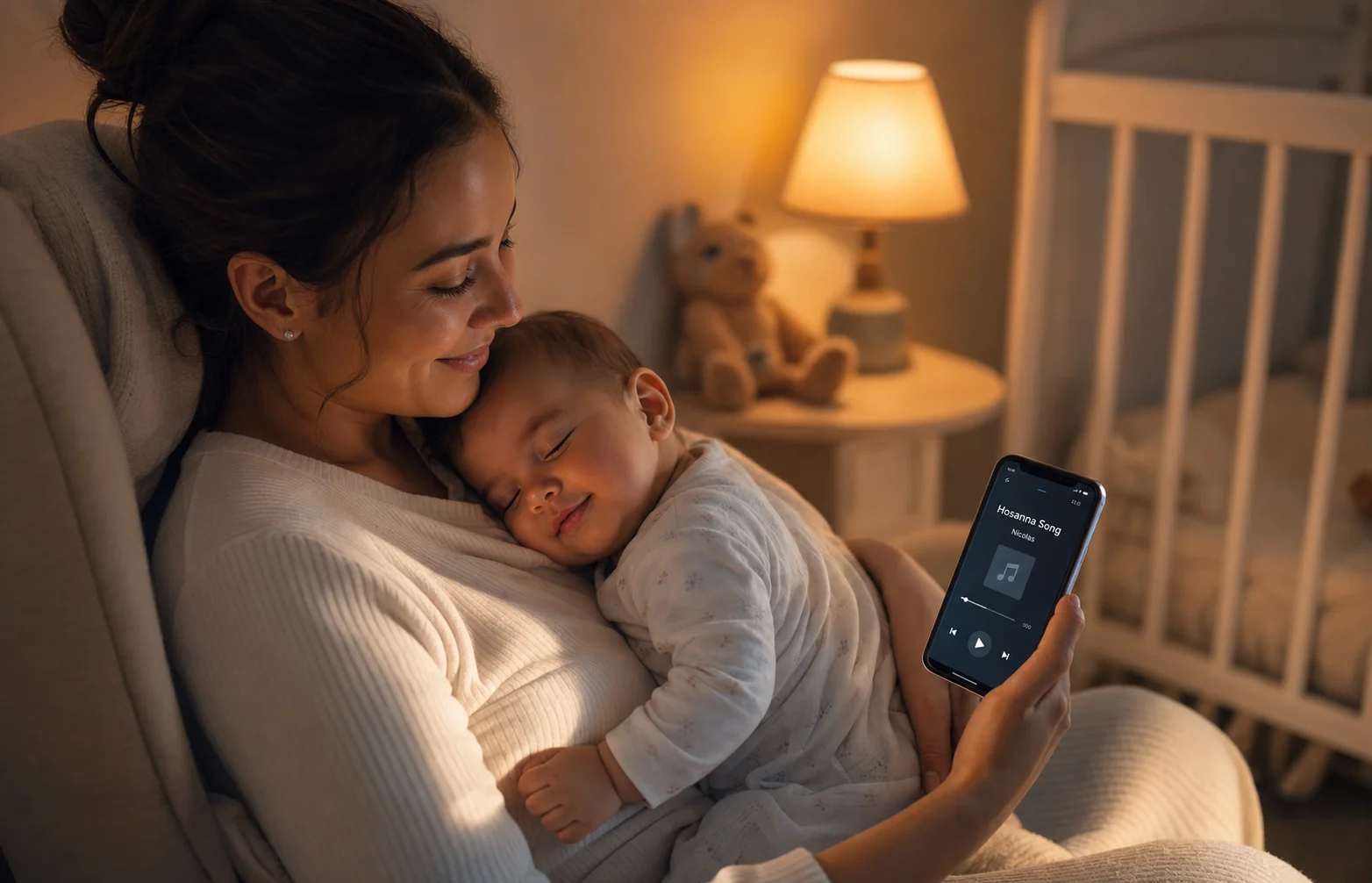 Mother holding her baby while playing a personalized lullaby on her phone