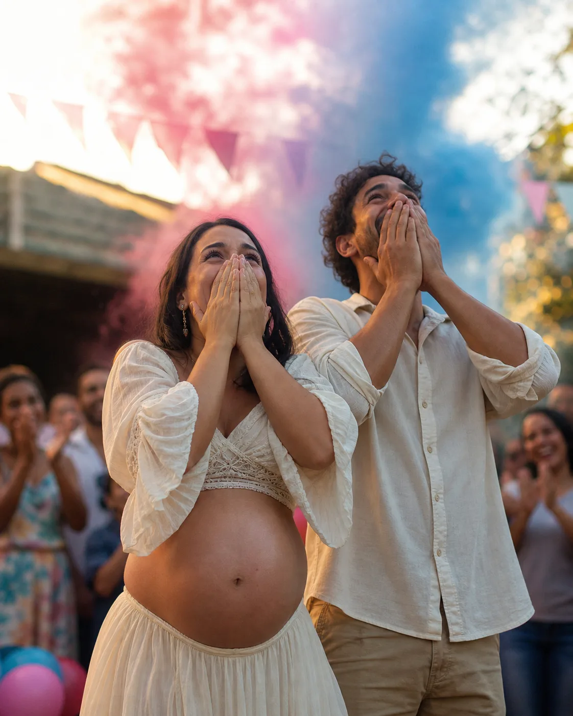 Expecting couple laughing in the middle of pink and blue smoke at the moment of the reveal