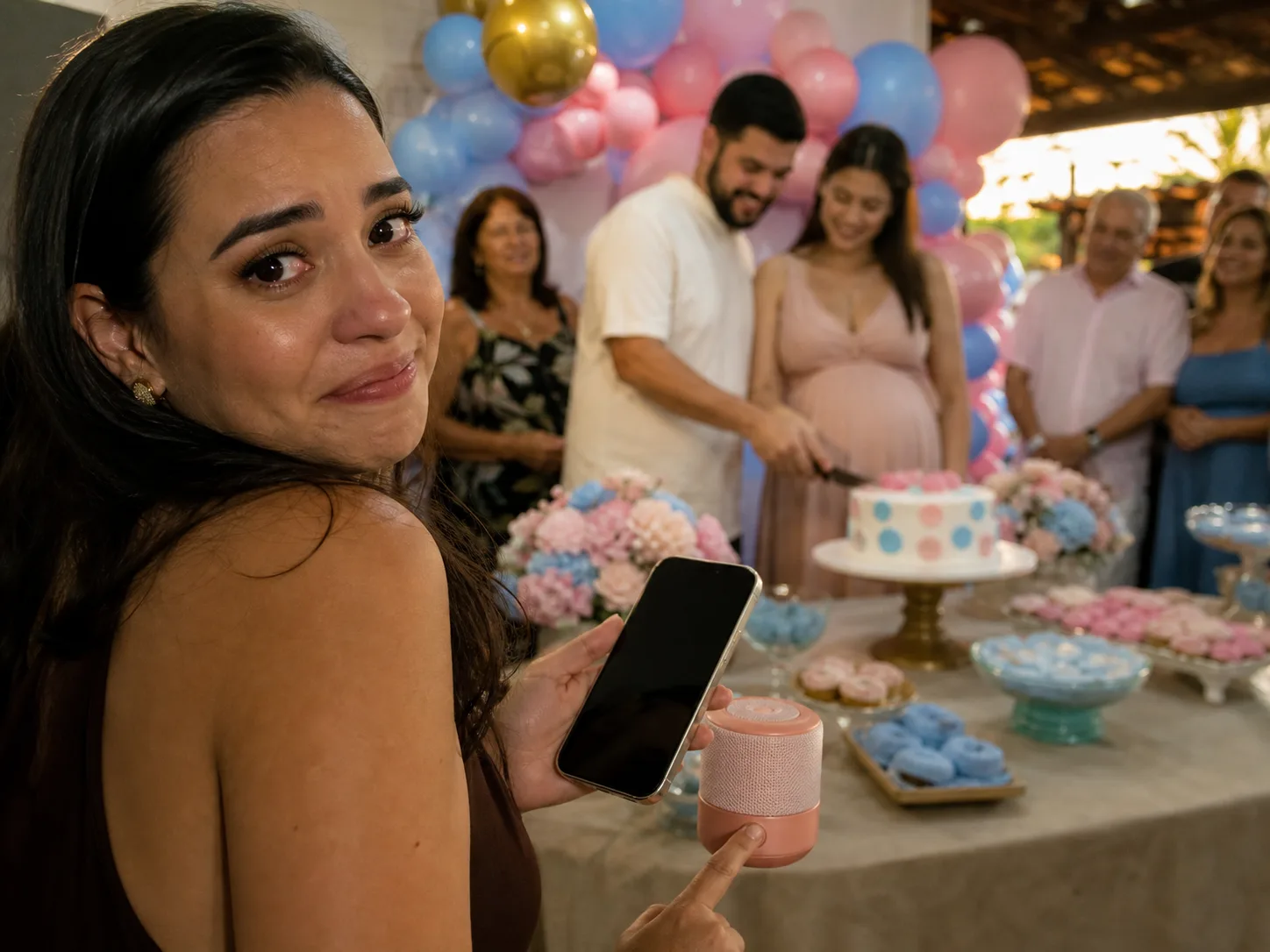 Ninang pressing play on her phone beside the speaker during the cake cutting