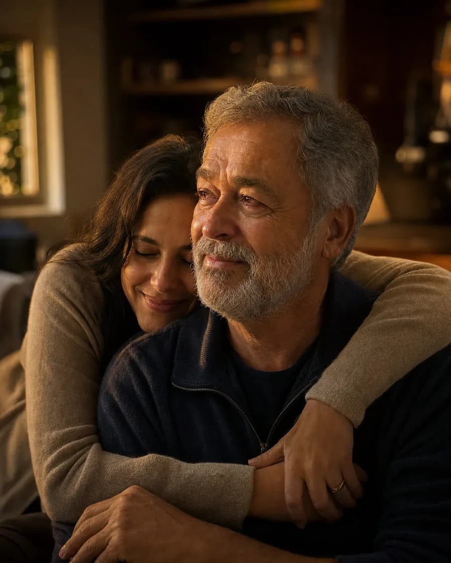 Grey-haired father moved as his adult daughter embraces him, a Father's Day tribute
