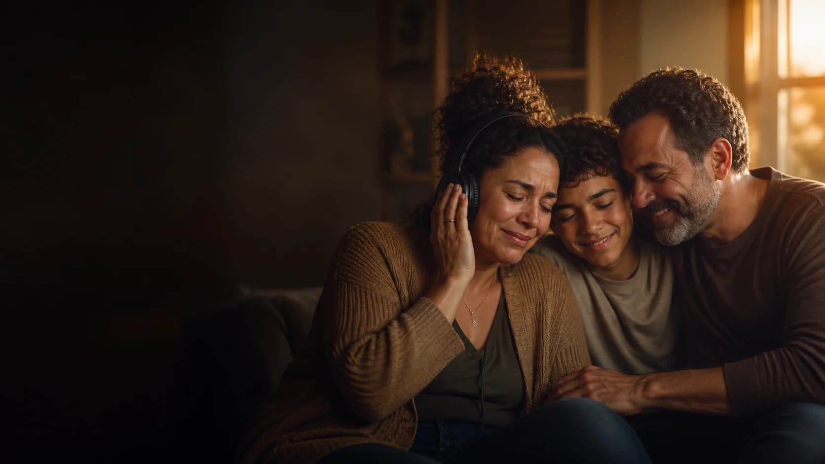 A family embracing while listening to their personalized song