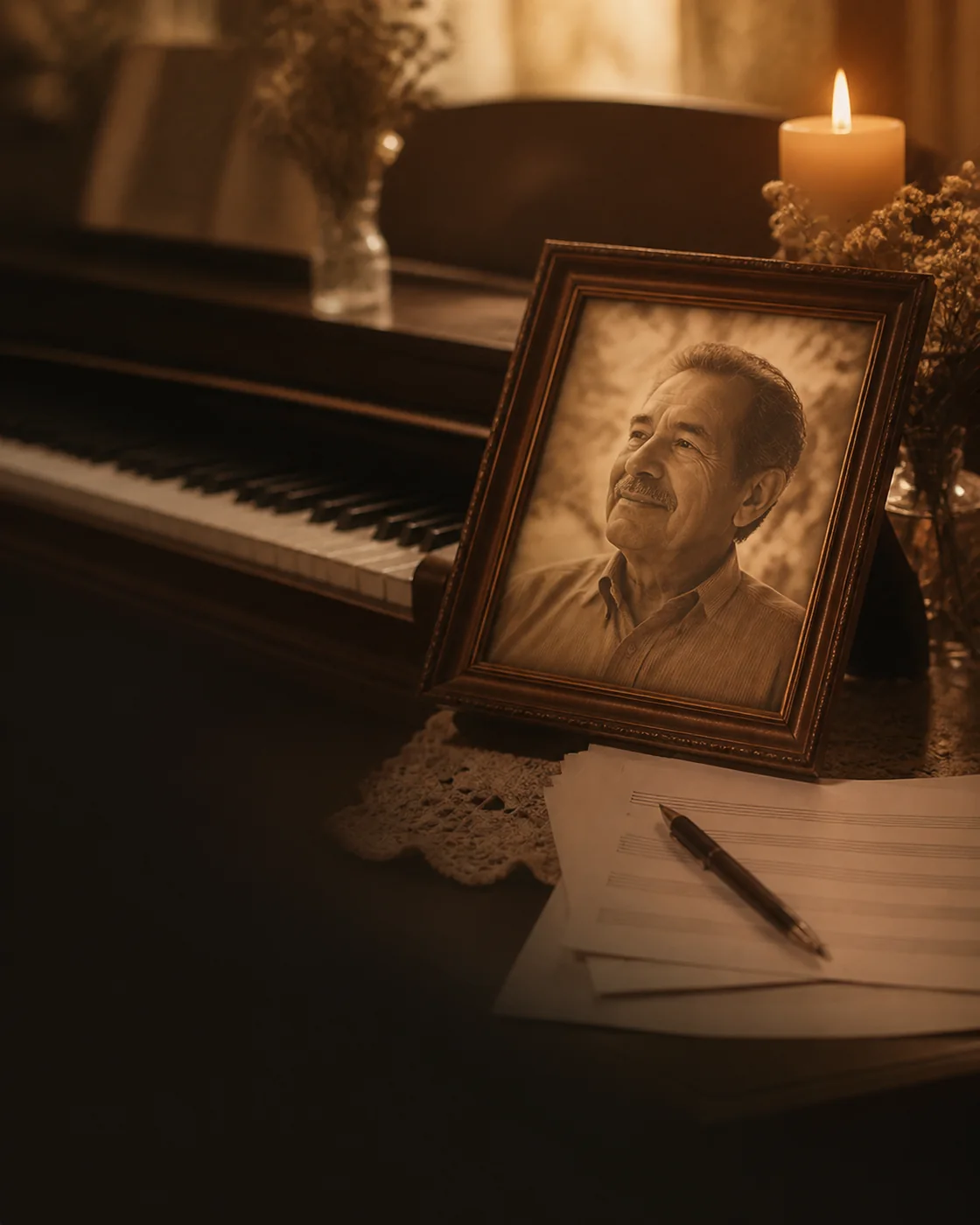 Retrato memorial en sepia sobre un piano con una vela y partituras para una canción homenaje personalizada