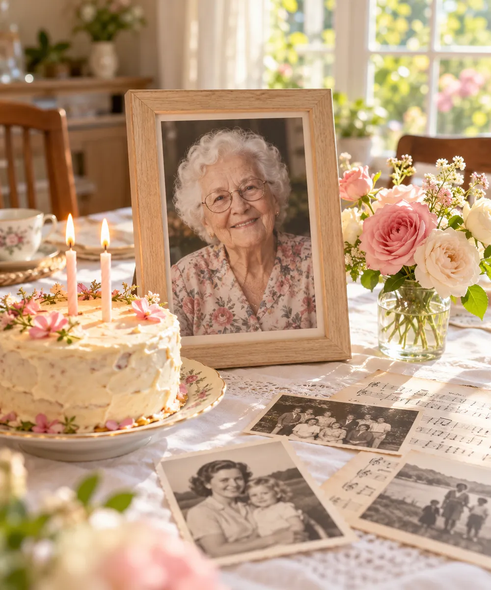 Framed photo of a smiling grandmother on a birthday table with cake, candles, roses, old family photos and sheet music for a tribute song