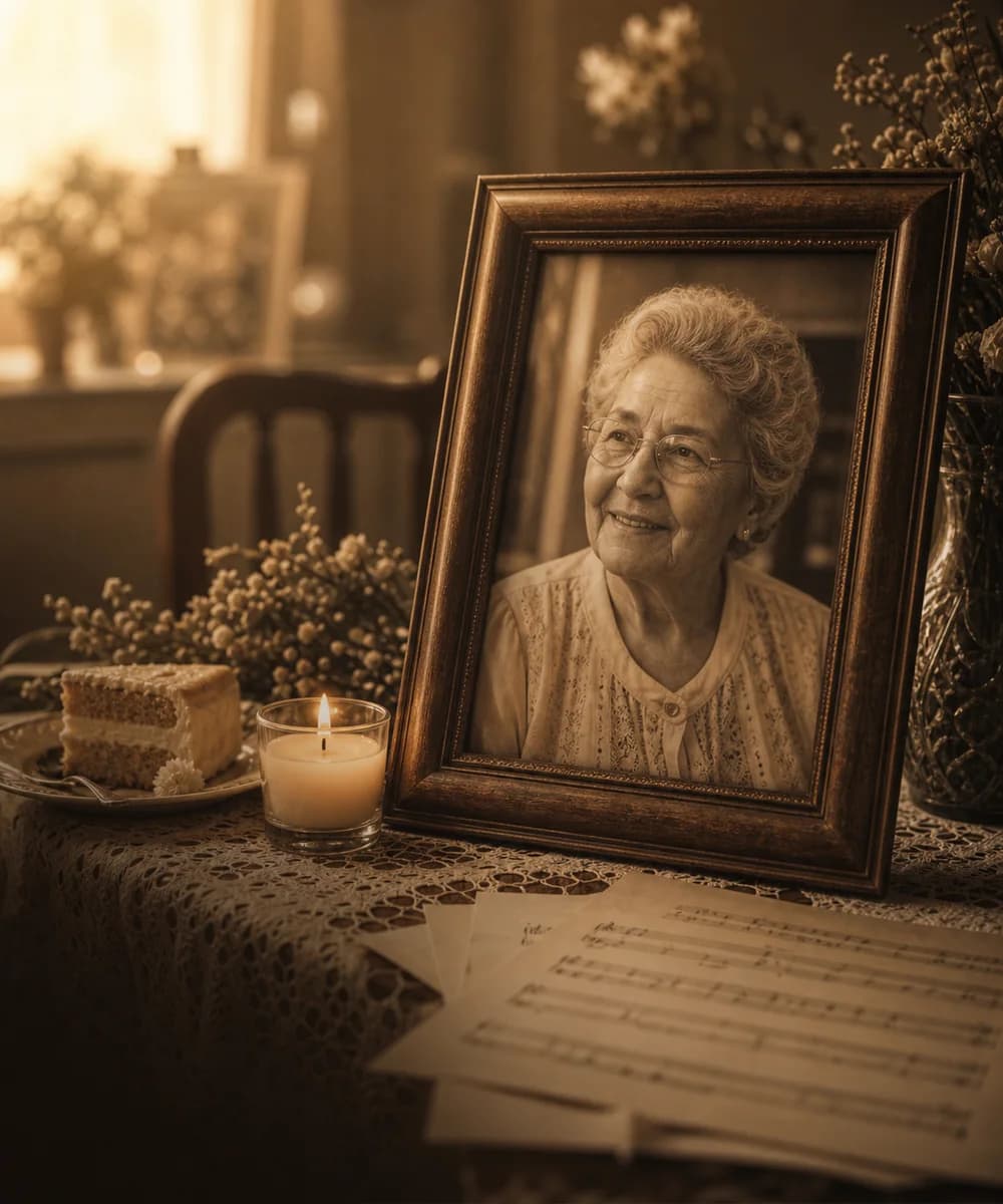 Retrato memorial en sepia de una abuela junto a una vela, pastel y partituras de una canción homenaje