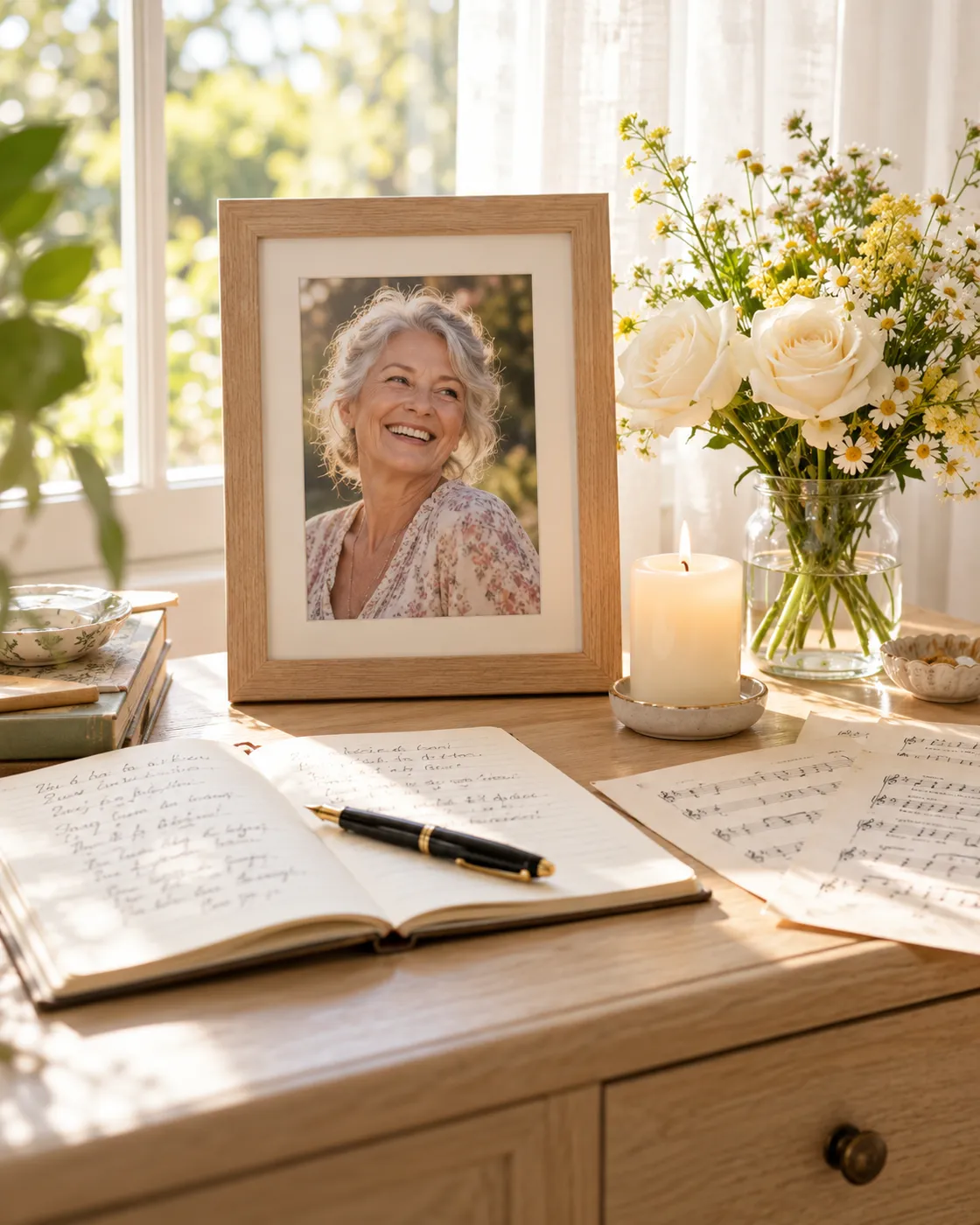 Framed photo of a smiling older woman beside a lit candle, white flowers and a notebook with the lyrics of a tribute song