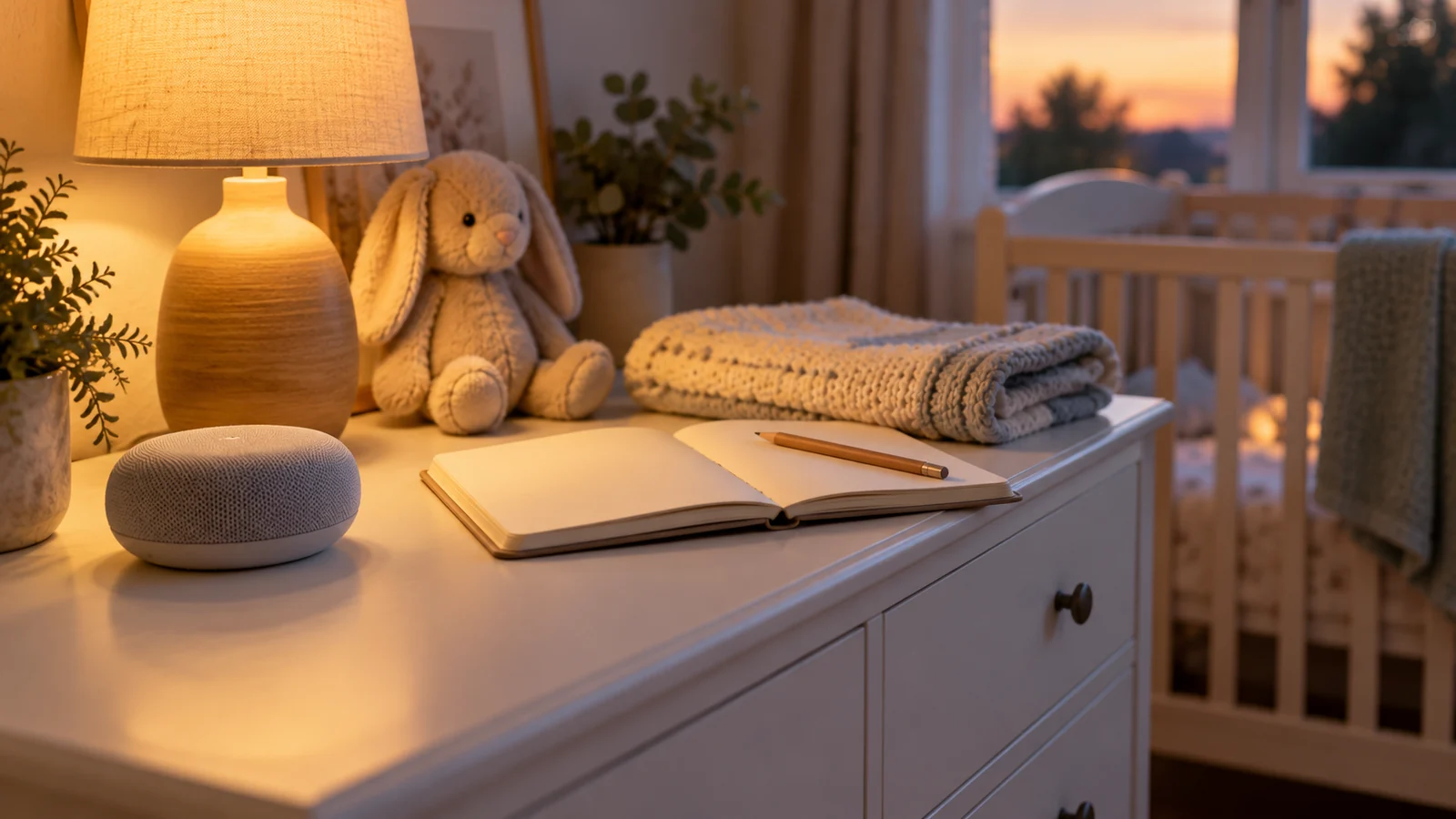 Cómo montar el ritual de sueño con una canción personalizada Cómoda de una habitación infantil con un altavoz pequeño, un cuaderno abierto y una manta doblada