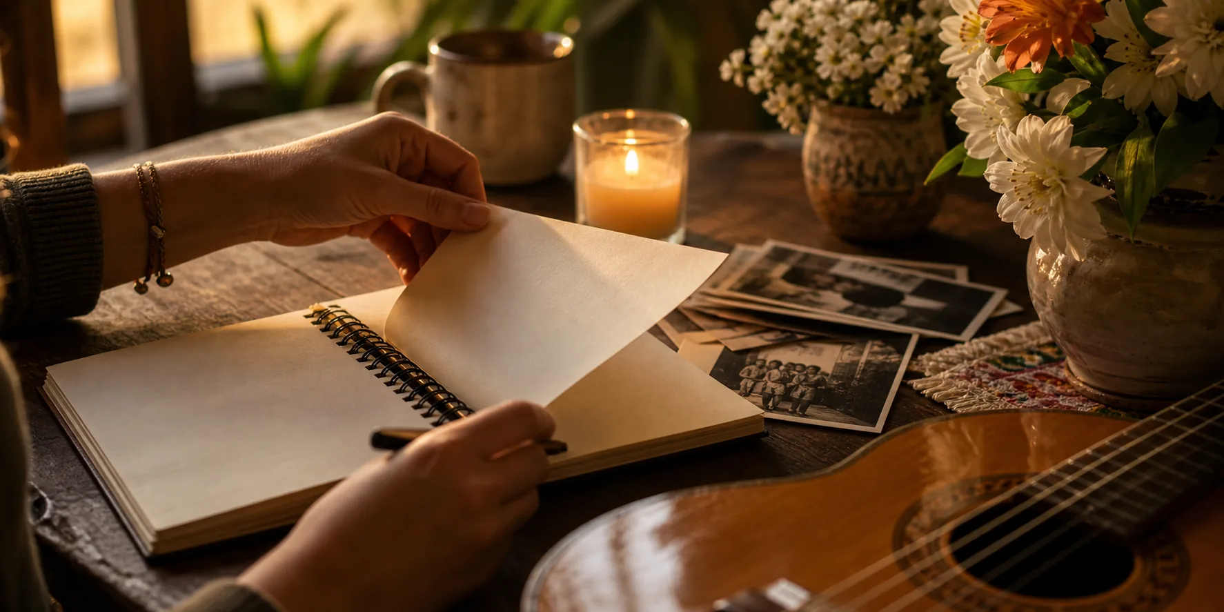Recuerdos familiares para una canción homenaje personalizada Manos revisando fotos familiares, flores y hojas de letra para una canción homenaje a un fallecido