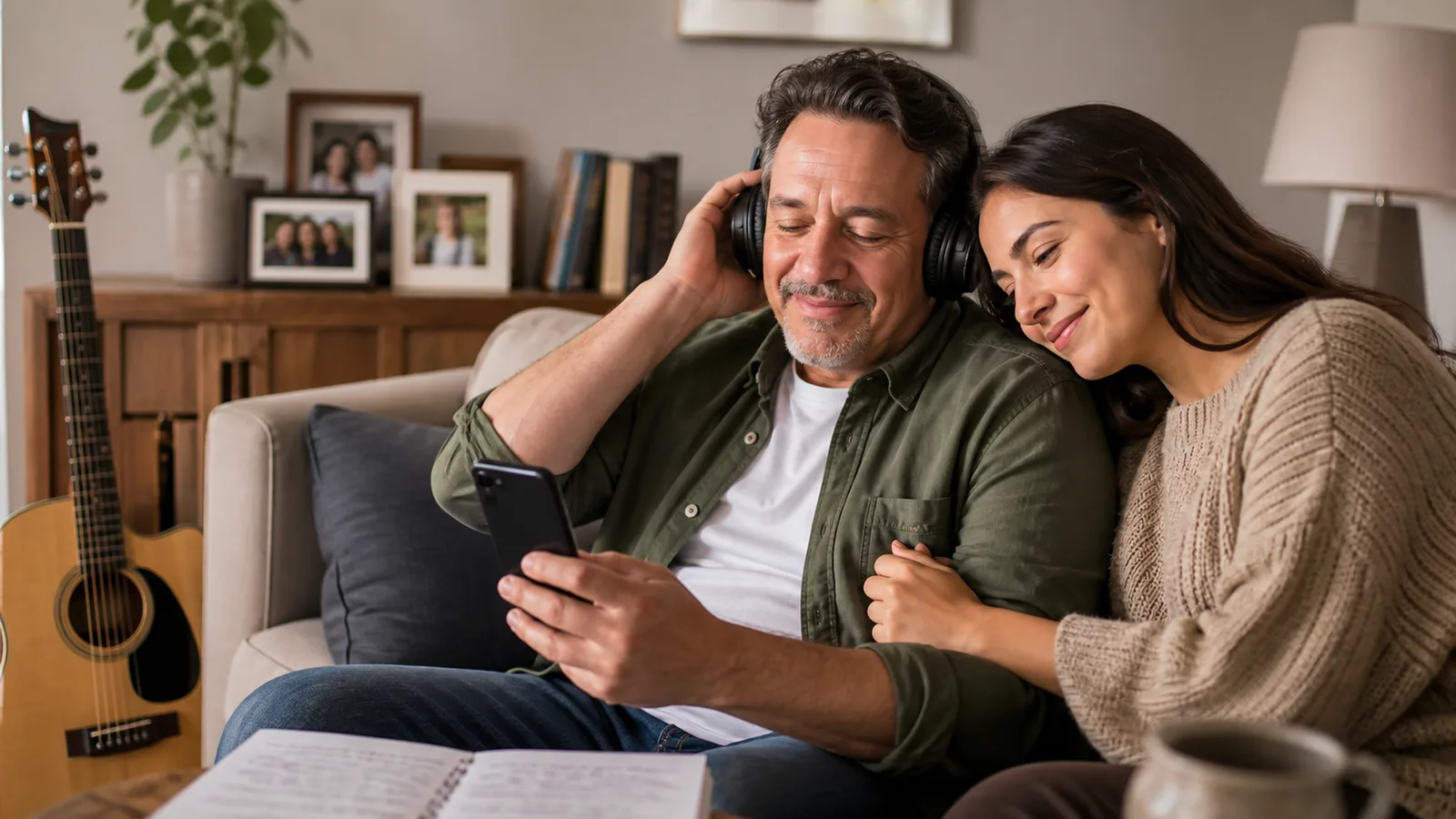 Canción personalizada para Día del Padre en familia Padre e hija escuchando una canción personalizada para el Día del Padre con audífonos