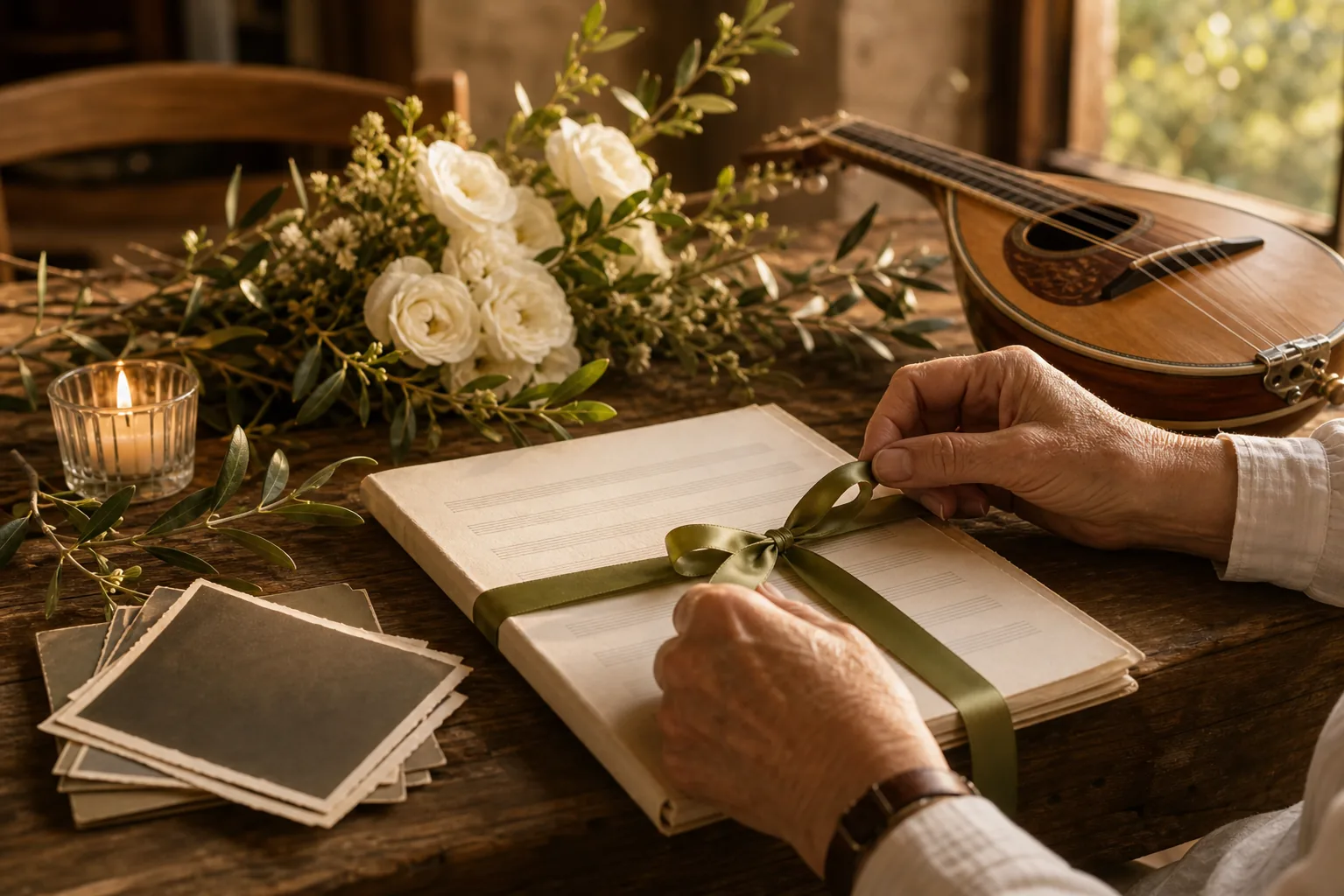 Ricordi familiari per una canzone commemorativa personalizzata Mani che raccolgono fotografie, quaderno di testo e fiori per una canzone in ricordo di una persona scomparsa