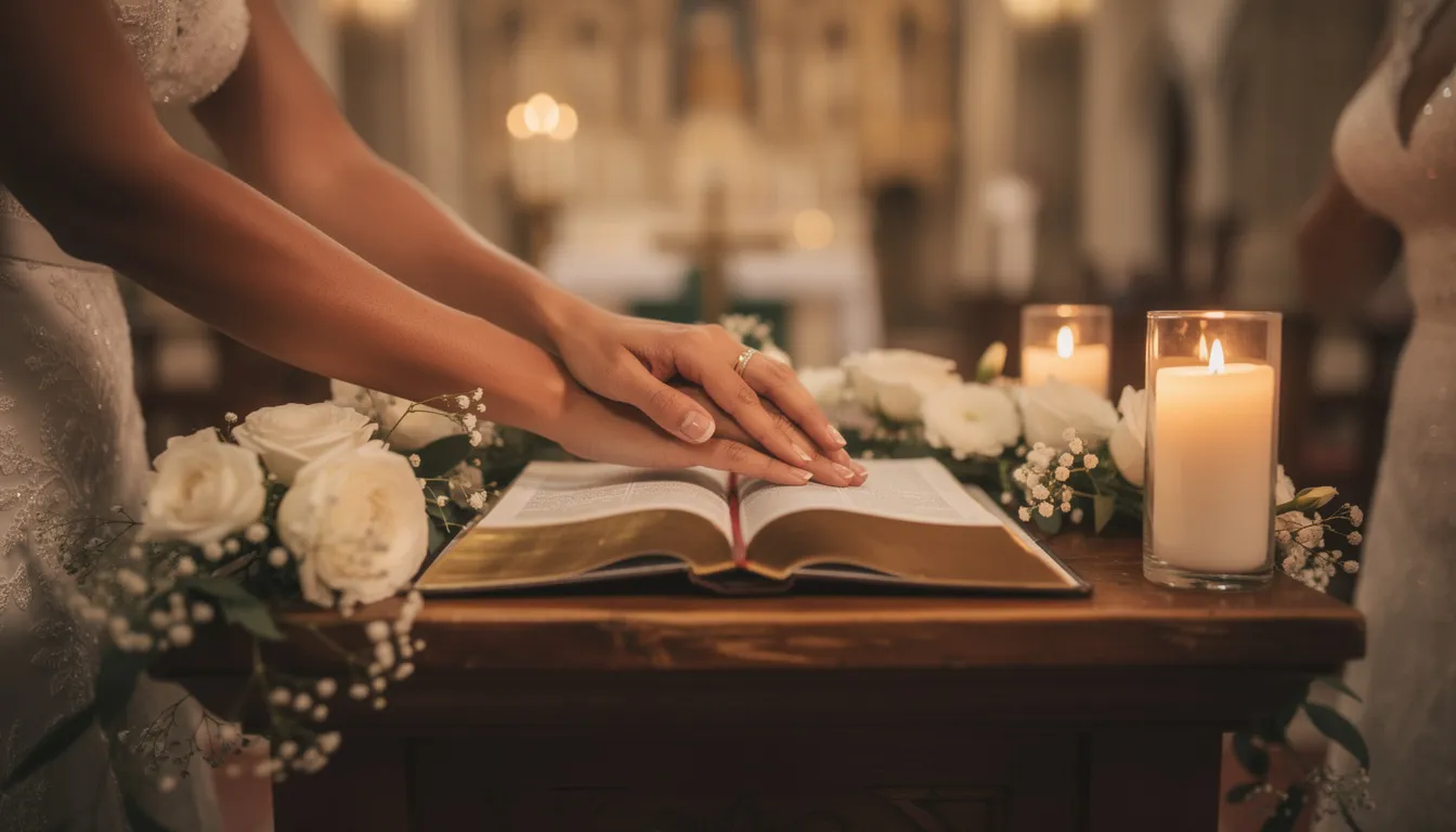 Mãos de noivos sobre Bíblia aberta em cerimônia de casamento cristão com velas e flores
