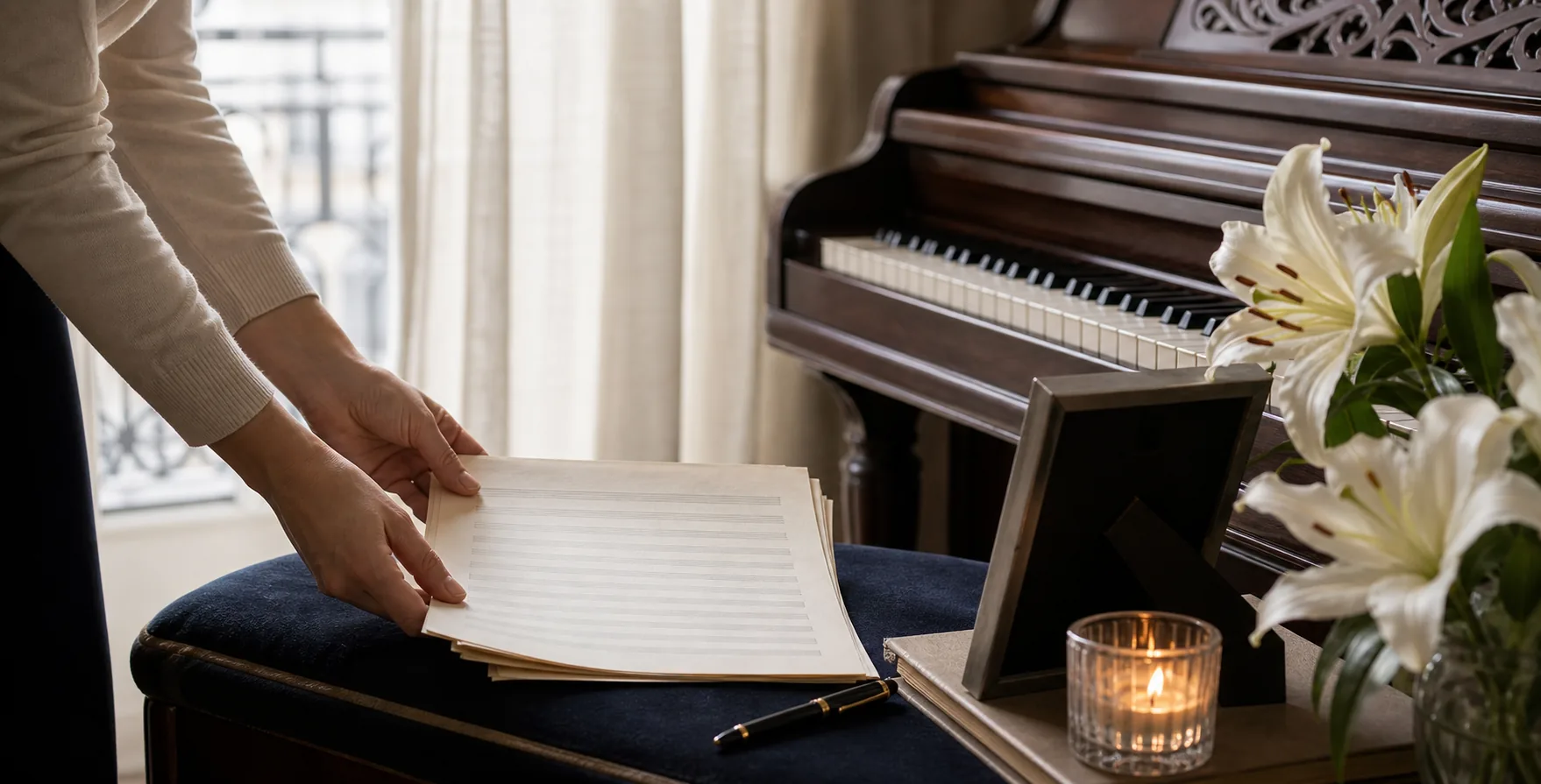 Souvenirs familiaux pour une chanson hommage personnalisée Mains déposant une partition vierge près d'une bougie et de fleurs pour une chanson hommage à un défunt