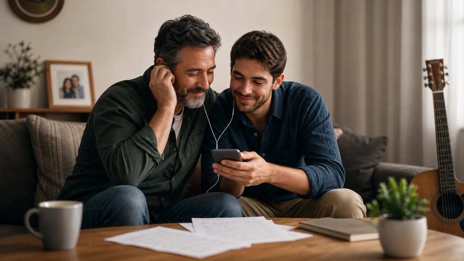 Personalized Father's Day Song Listening Moment Father and child listening to a personalized Father's Day song together with headphones