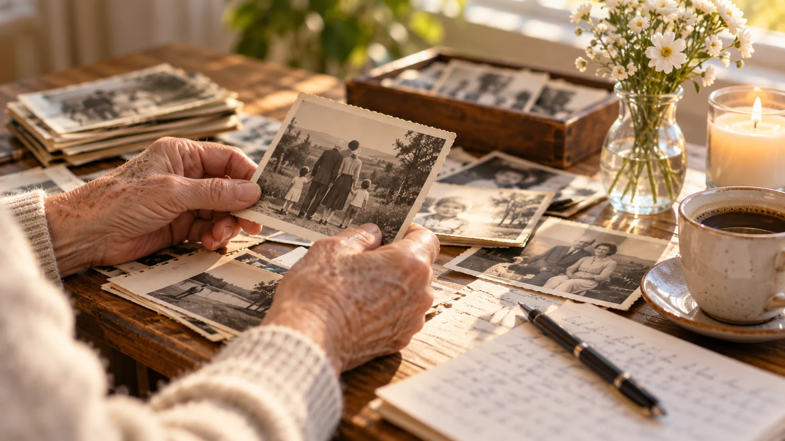Memórias familiares para canção memorial personalizada Mãos organizando fotos antigas, anotações e uma vela sobre a mesa para criar uma homenagem musical