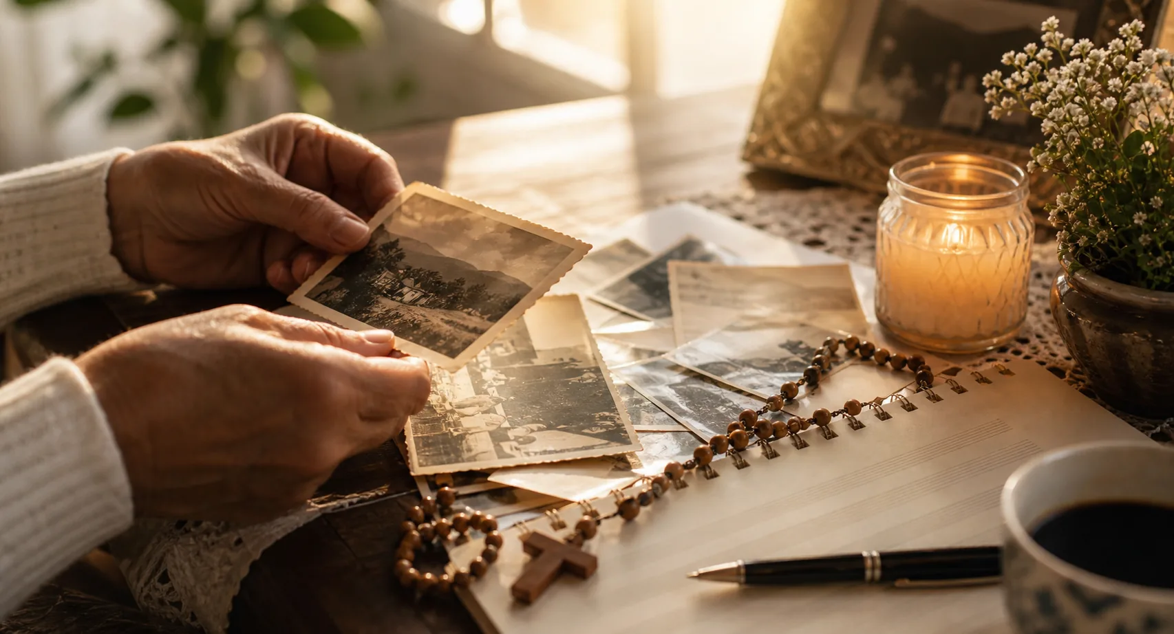 Memórias familiares para canção memorial personalizada Mãos organizando fotos antigas, anotações e uma vela para criar uma música de homenagem a falecido